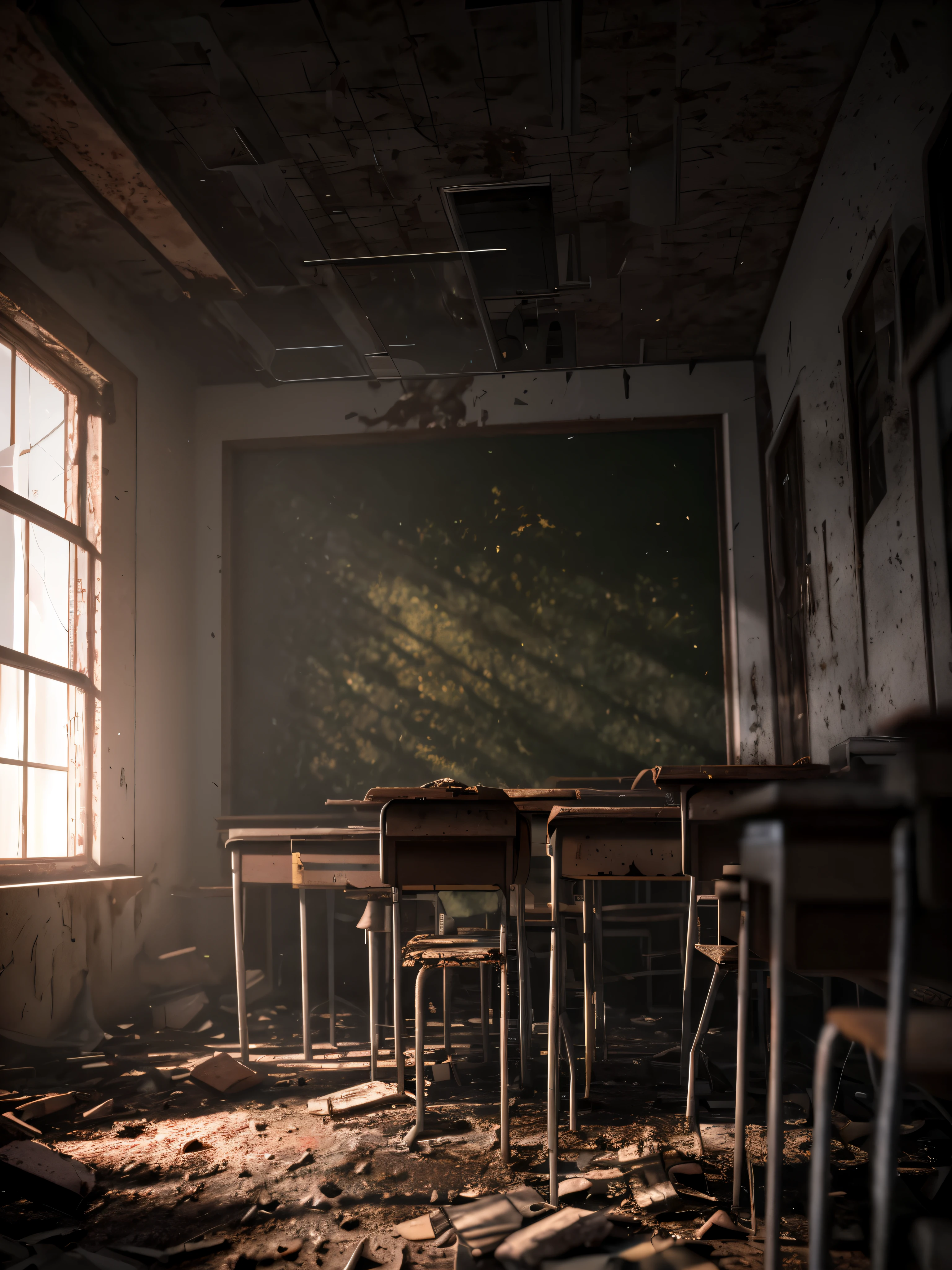 3d render of classroom, abandoned, dramatic color grade, moss, abandoned, broken, old, accurate color grading, rvb, Sony A7 III, Sigma Art 85 mm f/1,4 DG HSM, perfect, subsurface scattering, unreal engine, dusty sun light, dystopian world