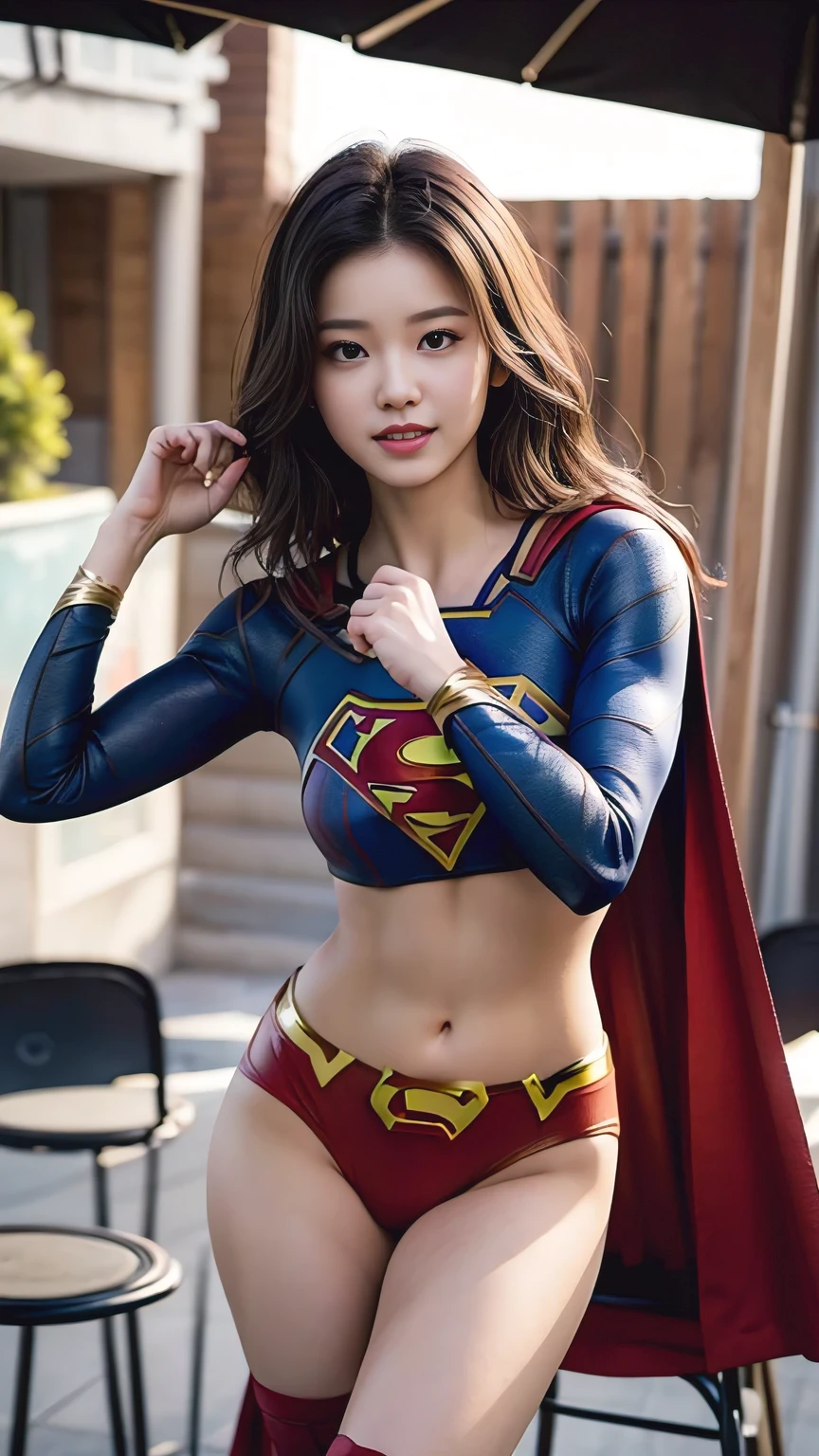 4K, (realistic:1.37), best quality, table top, Ultra A high resolution, Healthy skin tone, break, dynamic pose, alone, 21 years old, cinematic, fighting stance, (((she'I'm wearing DC'supergirl costume.))), The wind blows. Wear Bruma-style pants., ((S mark on chest)), my heart is open., Long Little Red Riding Hood, she의 아름다운 얼굴에 겁 없는 미소가 나타난다., Light brown short hair, elegant, Beautiful body like an athlete, (((매우 big bust))), ((Non-breaststroke)), I can see my belly button, 매우 윤기I am 지성 피부, big bust, big ass, open your legs, ((Please show me your panty line)), I am, In a city in ruins, break, Highly detailed beautiful eyes and face, Detailed fabric texture, 엄청나게 세밀하고 realistic 피부 질감, (The right balance of the body), Top-quality lighting that does not darken your face even when backlit, looking straight at the camera, low position camera shot,
