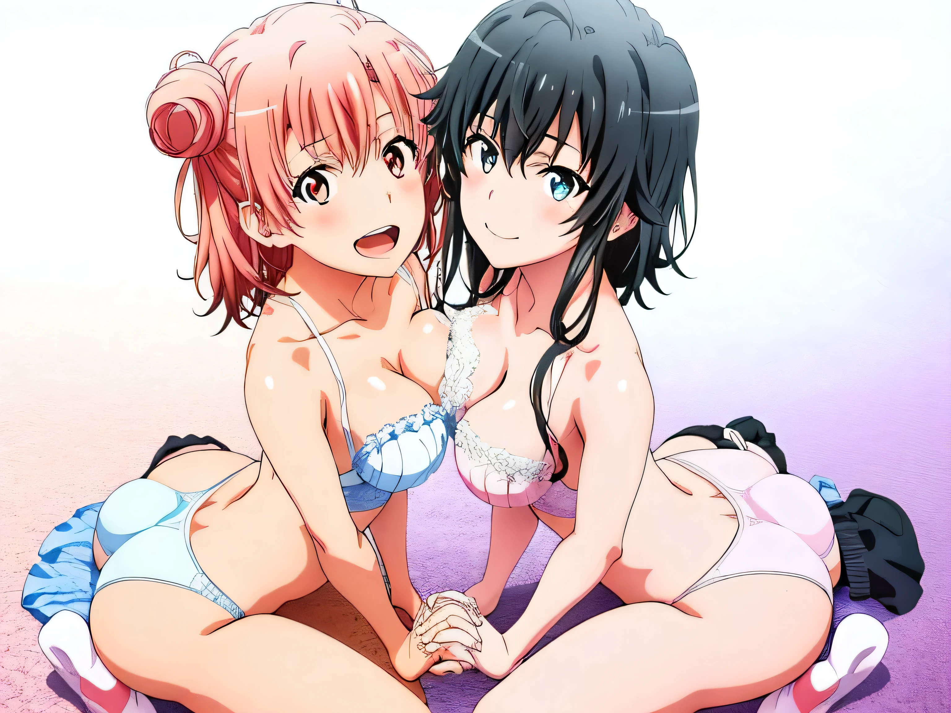 2 girls , Yukinoshita Yukino , yuigahama yui is beautiful breasts, crotch, and butt, waltz dance , In underwear,face forward,hold hands,raise your legs,spread your legs,whole body,pink silk panties,white silk panties,thighs,high angle,open your mouth,smile,beautiful eyes,Clear eye color,