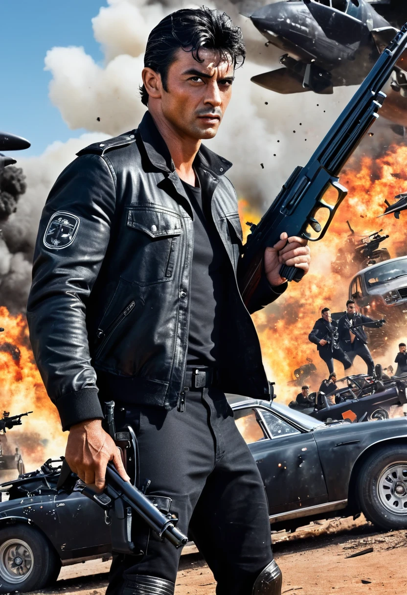 Movie poster commando Portuguese, cool man, medium dark hair, with big gun in hands, black clothes, rivets, explosions, cars, airplanes, just one body