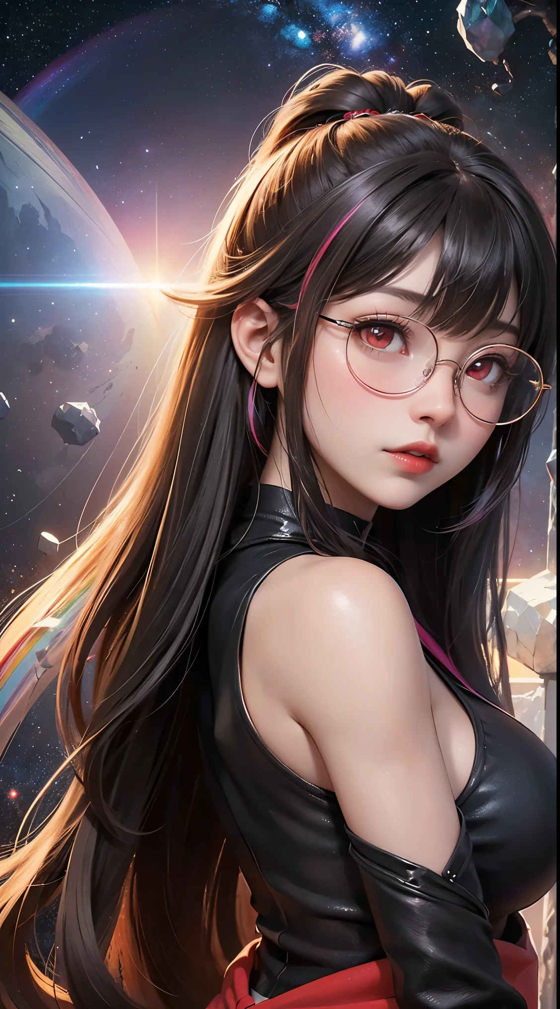 1名 27歳 woman, got it、(best illustration)、8K UHD resolution、intricate details、最high quality、realistic、Super detailed、best writing、best shadow、soft lighting、ultra hd、dungeon and Dragon、cave、dungeon、 necromancer、night、dark style、Succubus、devil&#39;Daughter of、bat wings，(((デーモンホーンラック縁round glasses))))、(((big breasts)))、(devil&#39;tail)、(red eyes shine:1.6)、masterpiece、beautiful features、Tyndall effect、realisticphotograph、(high detail skin:1.2)、8KUHD、Digital single-lens reflex camera、high quality、photograph、High resolution、 absurd、Ponytail distortion、Optimal ratio of 4 fingers and 1 thumb、1 girl、hair ornaments、真っ赤に輝くgemのネックレス、gem、beautiful expression、body up、big breasts emphasis、tight waist、wide ass、Tyndall effect、Photoreal、(high detail skin:1.2)、dark and mysterious version, lipstick red lips, thin and beautiful lips, Don&#39;Don&#39;Don&#39;don&#39;t laugh, please keep your mouth shut, Characters created by Karol Baku and Pino Denis, intricate details, detailed background, very detailed, magic of light, woman, cute face, ((((giant glasses, otaku glasses, thick glasses, round glasses))))、 looking at the Upper body of the goddess , round chest, big and round chest, phoenix hair brooch, long hair with bangs, (Long hair has seven colors like a rainbow:1.9), Beautifully detailed face and well-proportioned eyes, (Crystal clear red eyes: 1.8), Big round eyes and very beautiful and detailed makeup, Visionary, long silk nightgowns, mysterious makeup, ブresponseレット, I dyed the side bangs light yellow...., Upper body, (goddess Upper body: 1.8), hanging arms, リアルで鮮やかなphotograph, (stars that make up : 1.7), ( Space-time portal of sky and imagination: 1.8), fiction art, RAWphotograph,黒い着物のphotograph, 最高のphotograph , expensive_response, 最high quality, 最高のphotograph, 8K quality, 8k ultra , surrealism, 最も経済的な本物のphotograph, Artistic portrait of 12 signs, Symbol of one of the 12 signs on the reverse side, 12 Portrait of the Goddess, 最もrealistic配色, 最高のphotograph color, masterpiece, hair ornaments, ネックresponse, jewelry, beautiful face, Upper body, Tyndall effect, photographのようにリアルな, Dark studio, border light, two tone light, (fine skin) expensive: 1.2), 8K UHD, Digital single-lens reflex camera, soft light, expensive quality, volume light, Frank, photograph, expensive responseolution, 4K quality, 8K, Bokeh, smooth and sharp, 10x more pixels, Charming goddess, sexy goddess, (background space: 1.8), (milky way: 1.7), aurora, lightning, (auroraの背景: 1.8) <roller:crazy_perfect eyes_V1_from_V1_, beautiful goddess and flowers, 
