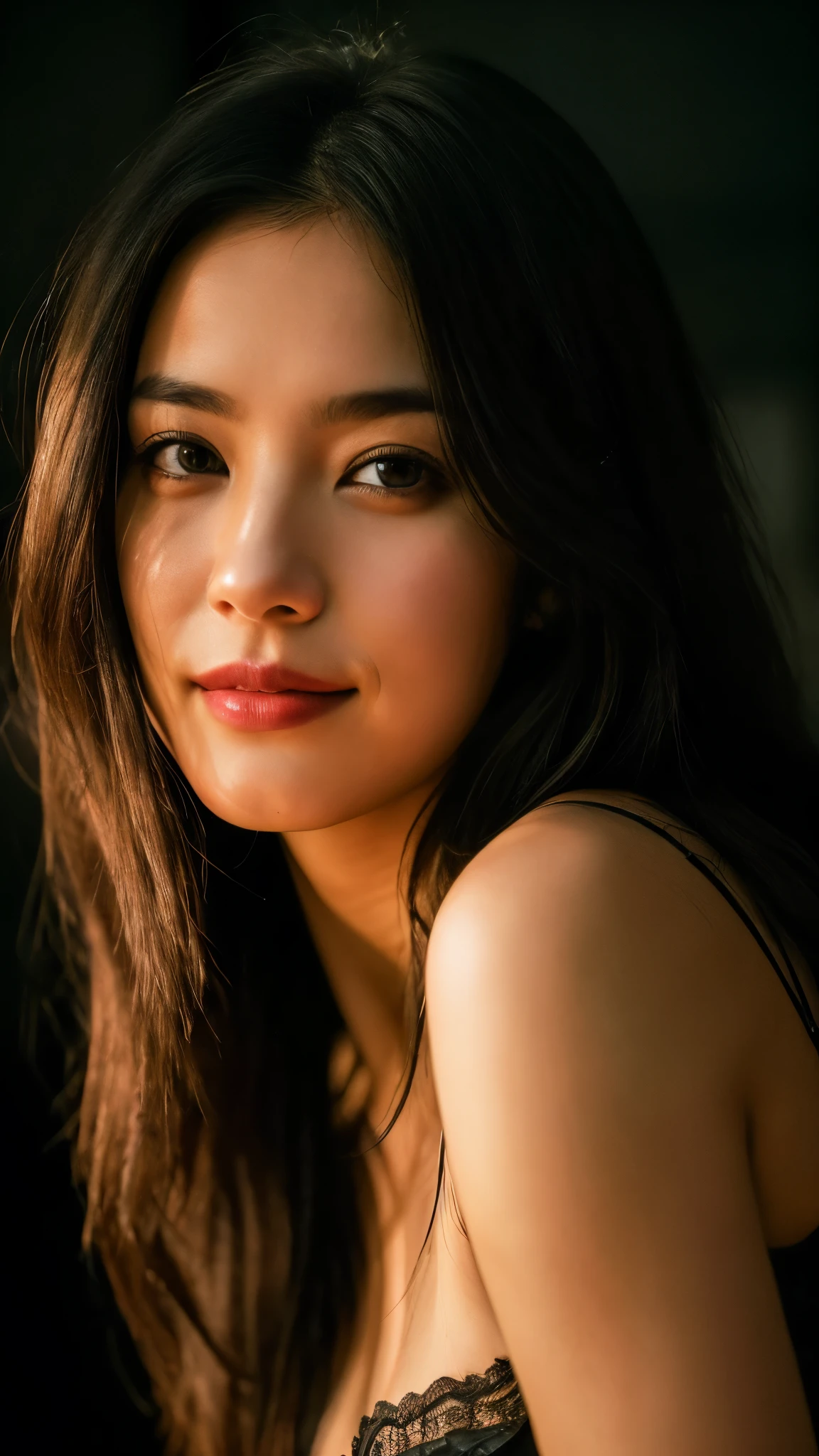 highest quality, epic realistic, ((in the pitch black darkness :1.4)), ((portrait:1.5)),(background: dark ) high contrast ,glorious picture, lowest lux, lighting face, she's comfortable, wearing lingerie, looks incredible, (8k, Raw photo, Highest quality),(epic realistic:1.5), a woman, face,(detailed eyes:0.8),(looking at the camera:1.4), (Highest quality), ( high contrast, deep shadows),Intricate details,cinematic,((skin:1.4)), (long dark hair:1.3), long hair, messy ,(Hdr:1.5),Detailed, colors, Superior quality, Masterpiece, Raw Photo (20-year-old, looking at viewer), beautiful, (wearing underwear,), perfect, natural, perfect composition, portrait, perfect face, smiling expression, Captivating eyes, Bright details, Tight lips, (High Skin Detail),, (blue tint: 0.6), (sale: 0.8), (bloody: 0.7), Key lighting , (backlight: 0.5), Medium depth of field, Canon 5d, 50mm lens, f/4 apertures, (Ultra-detailed, Complex detail), sharp focus, soft colors, 8k, Absurd, 80mm, dark background, photography, smiling, pinay, filipina, medium , ipen legs