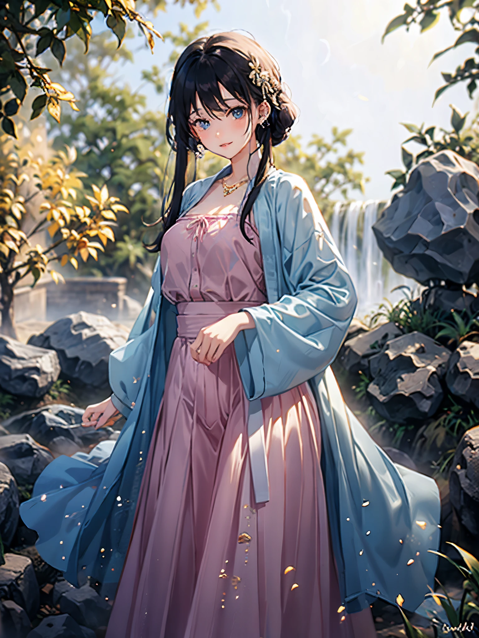 A very beautiful girl happily bathing near a clear and cool waterfall Pink skin Blue eyes Dark hair Detailed face Detailed body Realistic model Highly detailed natural scenery 8k Cgi resolution