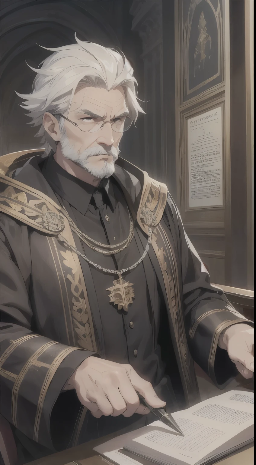 "Design an anime-style image of Thaddeus Ironwill, a human judge with a stern but fair expression, his hair graying at the temples and eyes that miss no detail. He's robed in the dignified garments of his office, a gavel in hand, presiding over a courtroom. The background is the grand courtroom of Imnescar, where justice is both served and sought. Highlight his unwavering commitment to justice and the weight of responsibility he carries. The setting is a medieval fantasy settings. It is set in a fantasy roleplaying world."