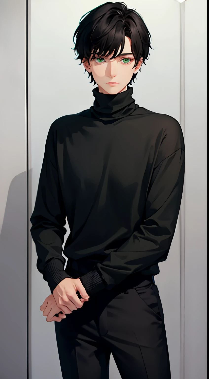 1 boy, wearing a turtleneck, black pants, short black hair, green eyes, calm and reserved personality, looking at viewer
