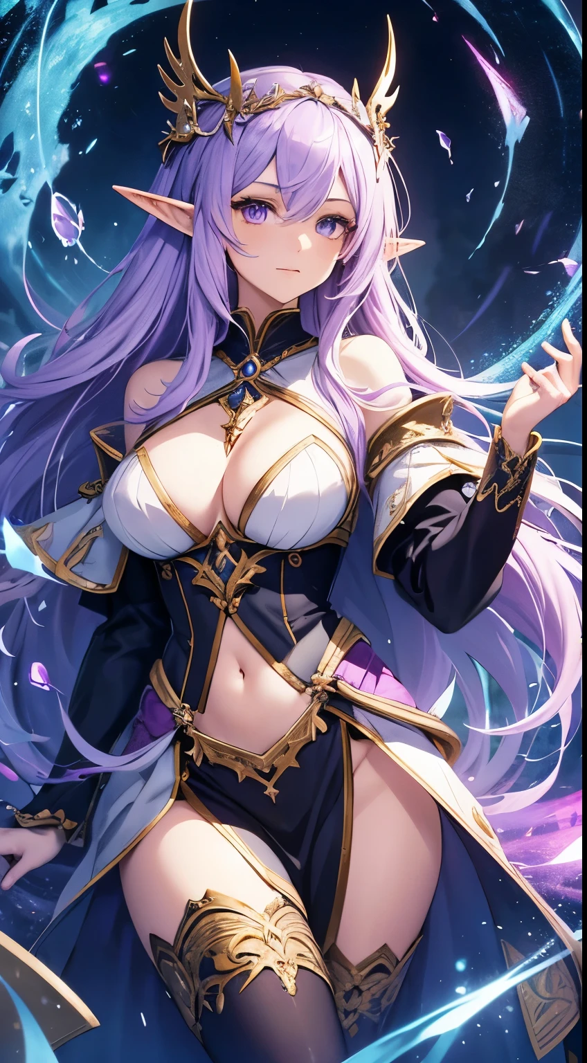 "Generate an anime-style depiction of Violet Wispshade, an elf enchantress with long, lavender hair that flows like magic itself and piercing, amethyst eyes. She's casting a spell, her hands aglow with ethereal energy, as runes orbit around her. The background is her secluded sanctum, filled with ancient tomes and magical artifacts. Capture her enigmatic beauty and the powerful grace of her magic, a dance of light and shadow. The setting is a medieval fantasy settings. It is set in a fantasy roleplaying world."