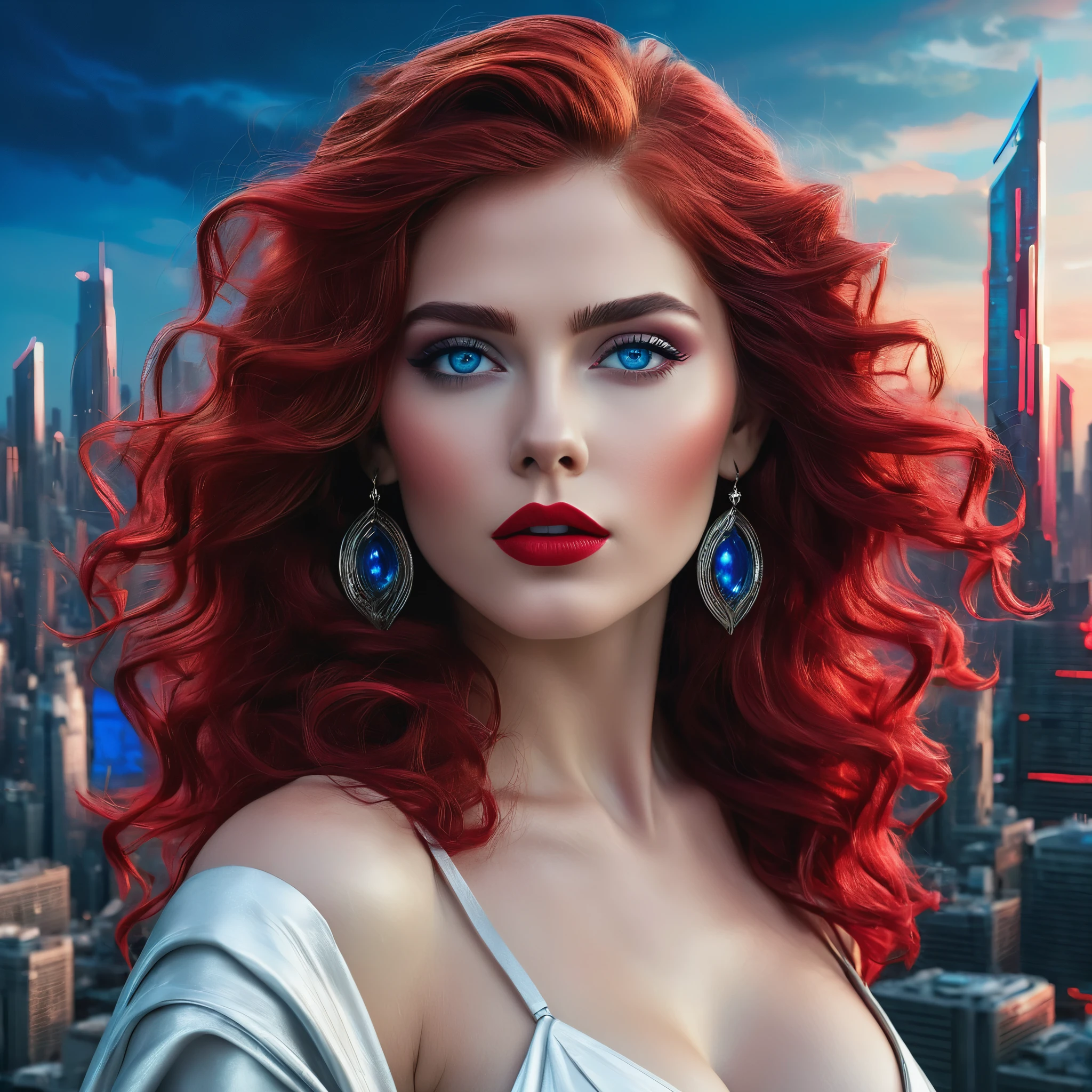 Imagine a contemporary goddess with tousled waves of hair and intense blue eyes that hold the wisdom of the ages. Her lips, adorned in a striking red hue, convey strength and resilience as she stands before the monochrome skyline of a futuristic metropolis, embodying the archetype of Athena in the modern world, 8k, hyper realism