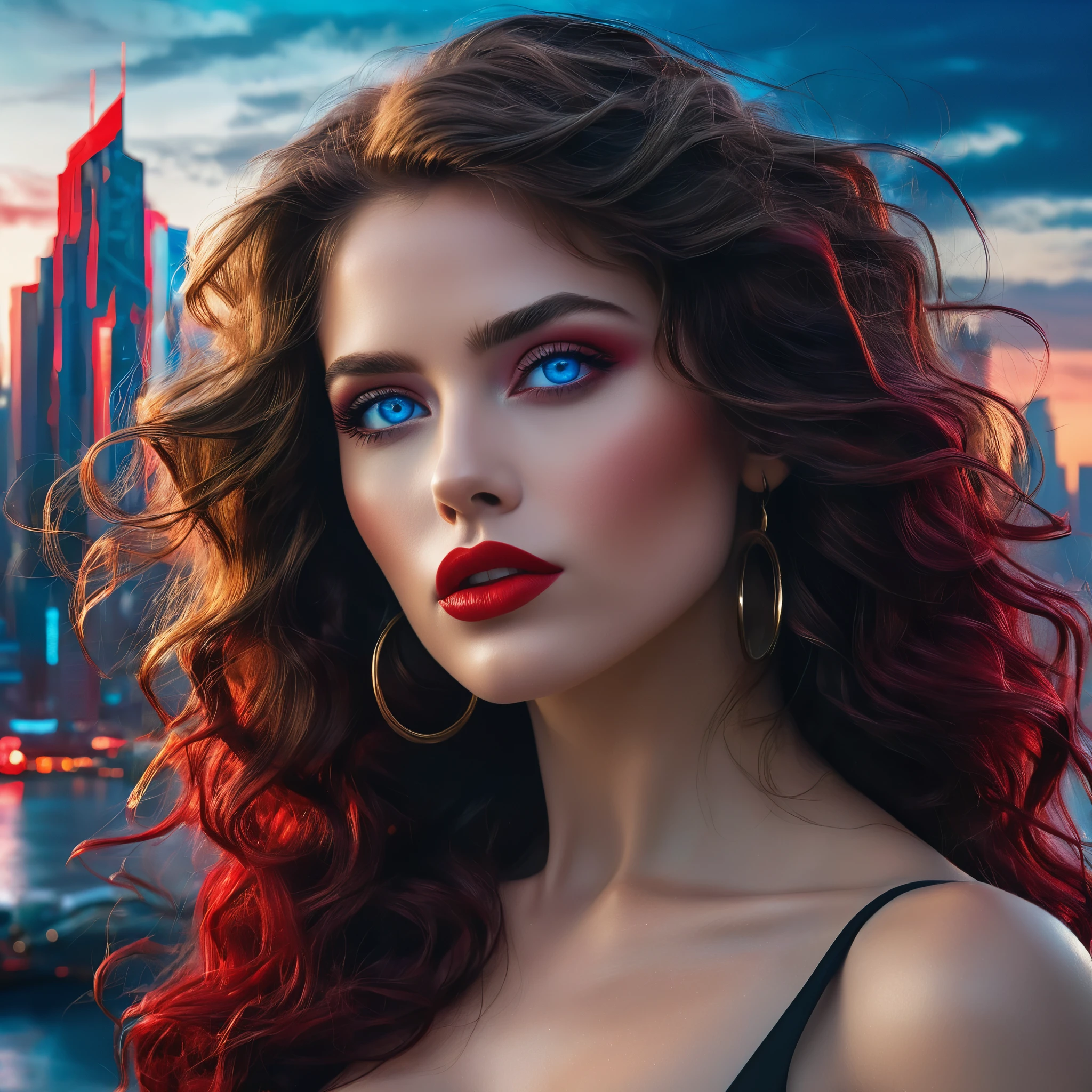 Imagine a contemporary goddess with tousled waves of hair and intense blue eyes that hold the wisdom of the ages. Her lips, adorned in a striking red hue, convey strength and resilience as she stands before the monochrome skyline of a futuristic metropolis, embodying the archetype of Athena in the modern world, 8k, hyper realism