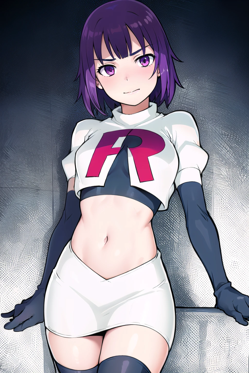 1girl, solo, beautiful face, finely detailed face, beautiful eyes, purple hair, team rocket,team rocket uniform, red letter R, white skirt,white crop top,black thigh-highs,black elbow gloves