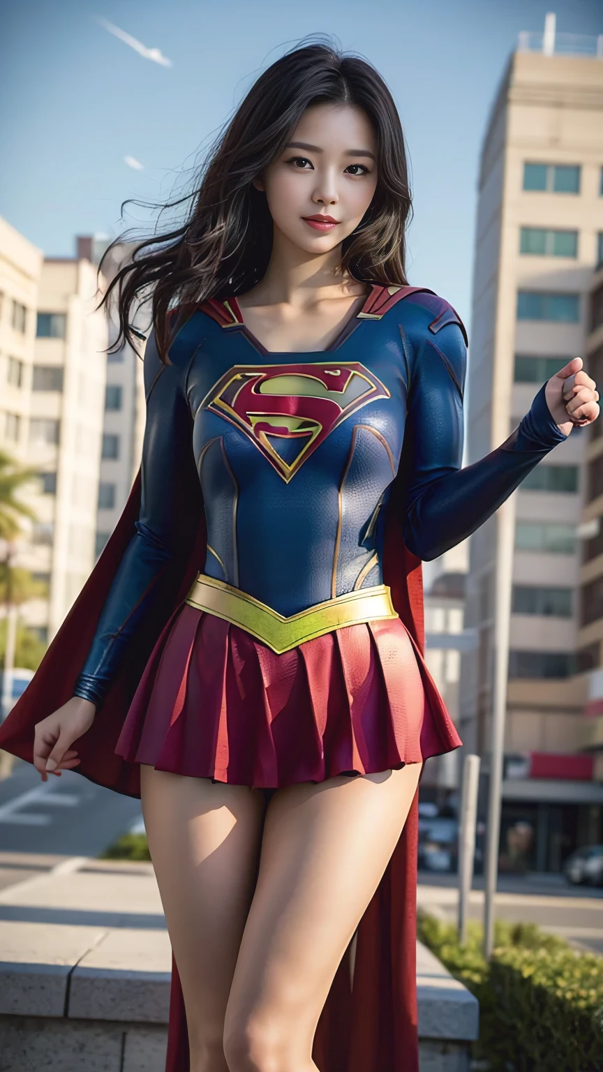 4K, (realistic:1.37), best quality, table top, Ultra A high resolution, Healthy skin tone, break, dynamic pose, alone, 21 years old, cinematic, fighting stance, (((she'I'm wearing DC'supergirl costume.))), Red very short skirt, The wind blows. The skirt is up., ((S mark on chest)), Open your chest, Long Little Red Riding Hood, she의 아름다운 얼굴에 겁 없는 미소가 나타난다., Light brown short hair, elegant, Beautiful body like an athlete, (((매우 big bust))), ((Non-breaststroke)), I can see my belly button, 매우 윤기I am 지성 피부, big bust, big ass, open your legs, ((Please show me your panty line)), I am, In a city in ruins, break, Highly detailed beautiful eyes and face, Detailed fabric texture, 엄청나게 세밀하고 realistic 피부 질감, (The right balance of the body), Top-quality lighting that does not darken your face even when backlit, looking straight at the camera, low position camera shot,
