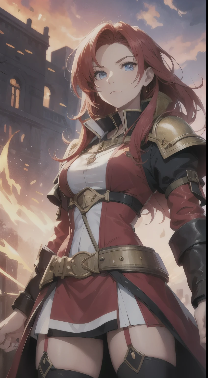 "Generate an anime-style depiction of Zara Thornheart, a human rebel leader with fiery red hair. She's rallying her followers, a symbol of defiance in her grasp. The background is a secret meeting place, the air charged with the promise of change. Capture her charismatic leadership and the fierce determination to fight for justice, a beacon of hope in the shadows. The setting is a medieval fantasy settings. It is set in a fantasy roleplaying world."