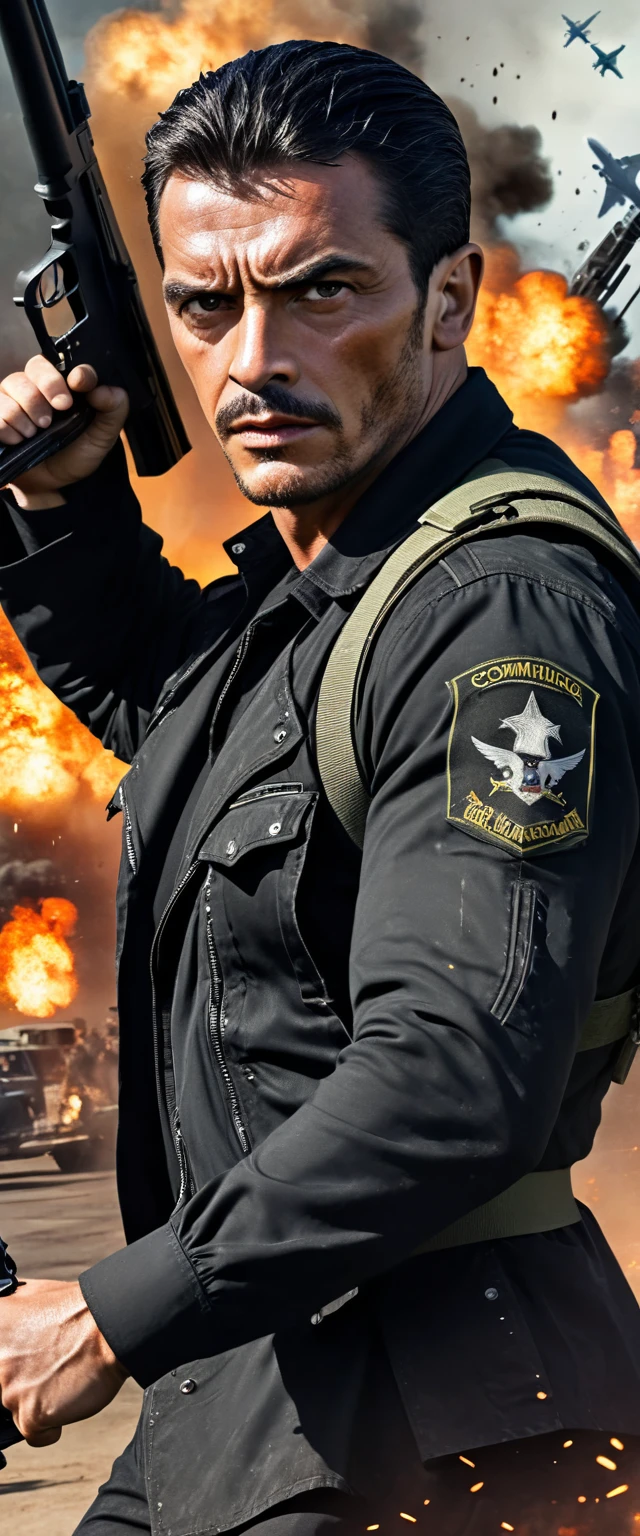 Movie poster commando Portuguese, cool man, medium dark hair, with big gun in hands, black clothes, rivets, explosions, cars, airplanes, just one body