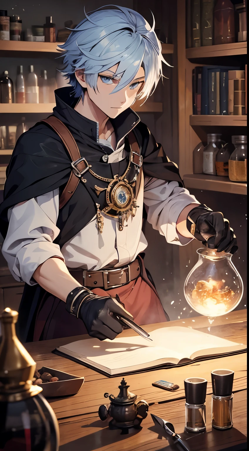"Design an anime-style image of Benedict Silverhand, a human alchemist with silver streaks in his hair and eyes alight with the thrill of discovery. Surrounded by bubbling potions and alchemical instruments, he's perfecting a new elixir. The background is his cluttered laboratory, a crucible of creation. Capture his eccentric genius and the magical moment of alchemical transformation, the alchemist at his forge. The setting is a medieval fantasy settings. It is set in a fantasy roleplaying world."
