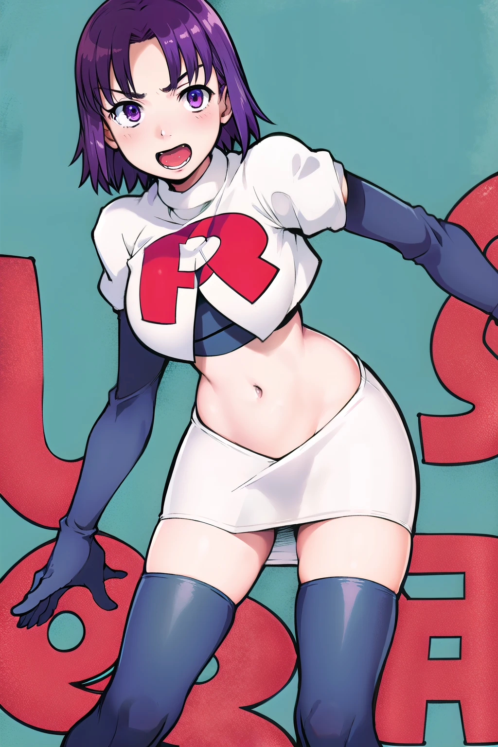 masterpiece, best quality, highres, highres, jessie pokemon, solo, team rocket, gloves, ((hair slicked back)), long hair, jewelry, skirt, navel, thighhighs, earrings, elbow gloves, team rocket uniform, crop top, blue eyes, midriff, belt, black gloves, very long hair,tight black thighhighs, purple hair, white skirt, miniskirt,tight skirt, upper body ,smiling , embarrassed,big tits,((huge tits)),looking at viewer,top view, lying on bed, bracelet, ((perfect tits)),perfect face,perfect body,(shirt lift:1.4),((show tits:1.5)),((show nipples:1.5)),ultra high quality