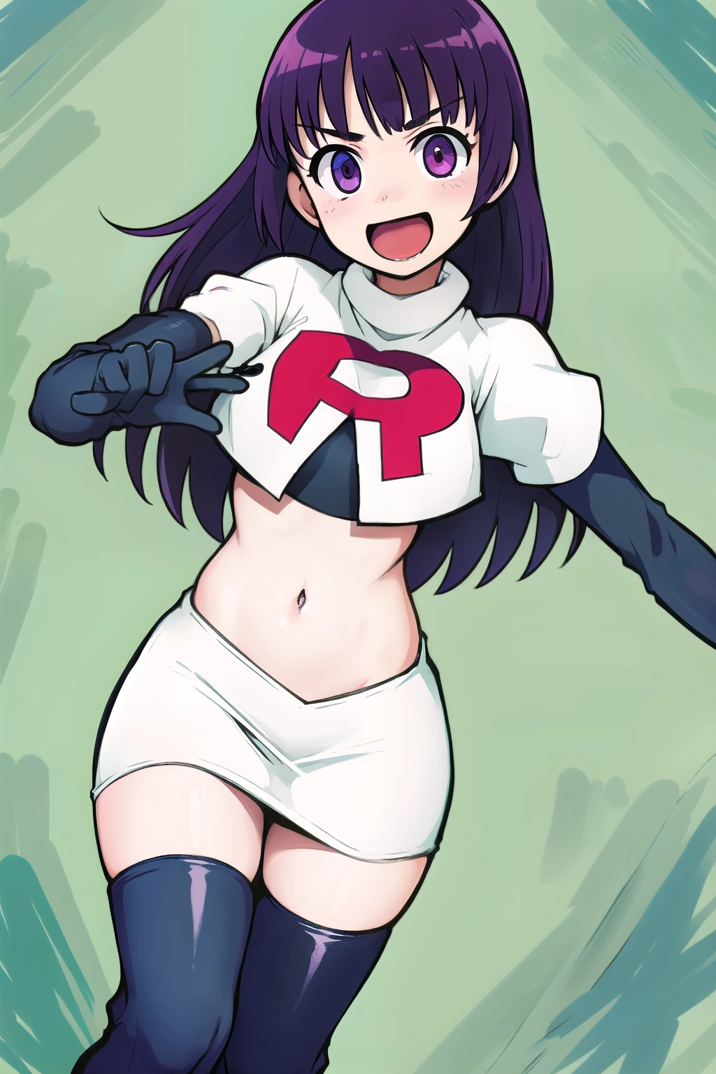 1girl, solo, beautiful face, finely detailed face, beautiful eyes, purple hair, team rocket,team rocket uniform, red letter R, white skirt,white crop top,black thigh-highs,black elbow gloves