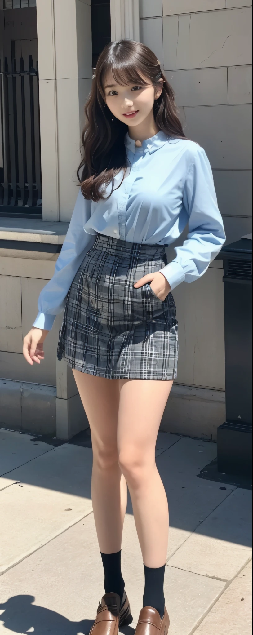 (8k, RAW photos, top quality, masterpiece: 1.2, ultra detailed, super resolution, real photos: 1.37), (Full body photo), 1 noble elegant Japanese lady, (standing contrapposte), spring season, ((spring coodinate, pale color plaid pattern, black tights, wearing loafer)), Shiny, Smile, Looks like 1.7 meters tall, beautiful proportion, big cuvy hips, Thin waist, skin hyper-detail, 20 years old, Perfect face, (Detailed facial features), Wavy lomg hair, Daylight, spring season, center of street, crowd of people,