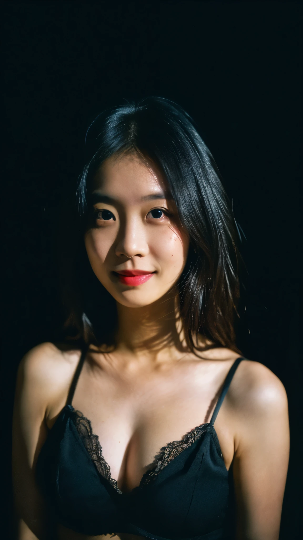 highest quality, epic realistic, ((in the pitch black darkness :1.4)), ((portrait:1.5)),(background: dark ) high contrast ,glorious picture, lowest lux, lighting face, she's comfortable, wearing lingerie, looks incredible, (8k, Raw photo, Highest quality),(epic realistic:1.5), a woman, face,(detailed eyes:0.8),(looking at the camera:1.4), (Highest quality), ( high contrast, deep shadows),Intricate details,cinematic,((skin:1.4)), (long dark hair:1.3), long hair, messy ,(Hdr:1.5),Detailed, colors, Superior quality, Masterpiece, Raw Photo (20-year-old, looking at viewer), beautiful, (wearing underwear,), perfect, natural, perfect composition, portrait, perfect face, smiling expression, Captivating eyes, Bright details, Tight lips, (High Skin Detail),, (blue tint: 0.6), (sale: 0.8), (bloody: 0.7), Key lighting , (backlight: 0.5), Medium depth of field, Canon 5d, 50mm lens, f/4 apertures, (Ultra-detailed, Complex detail), sharp focus, soft colors, 8k, Absurd, 80mm, dark background, photography, smiling, medium ,