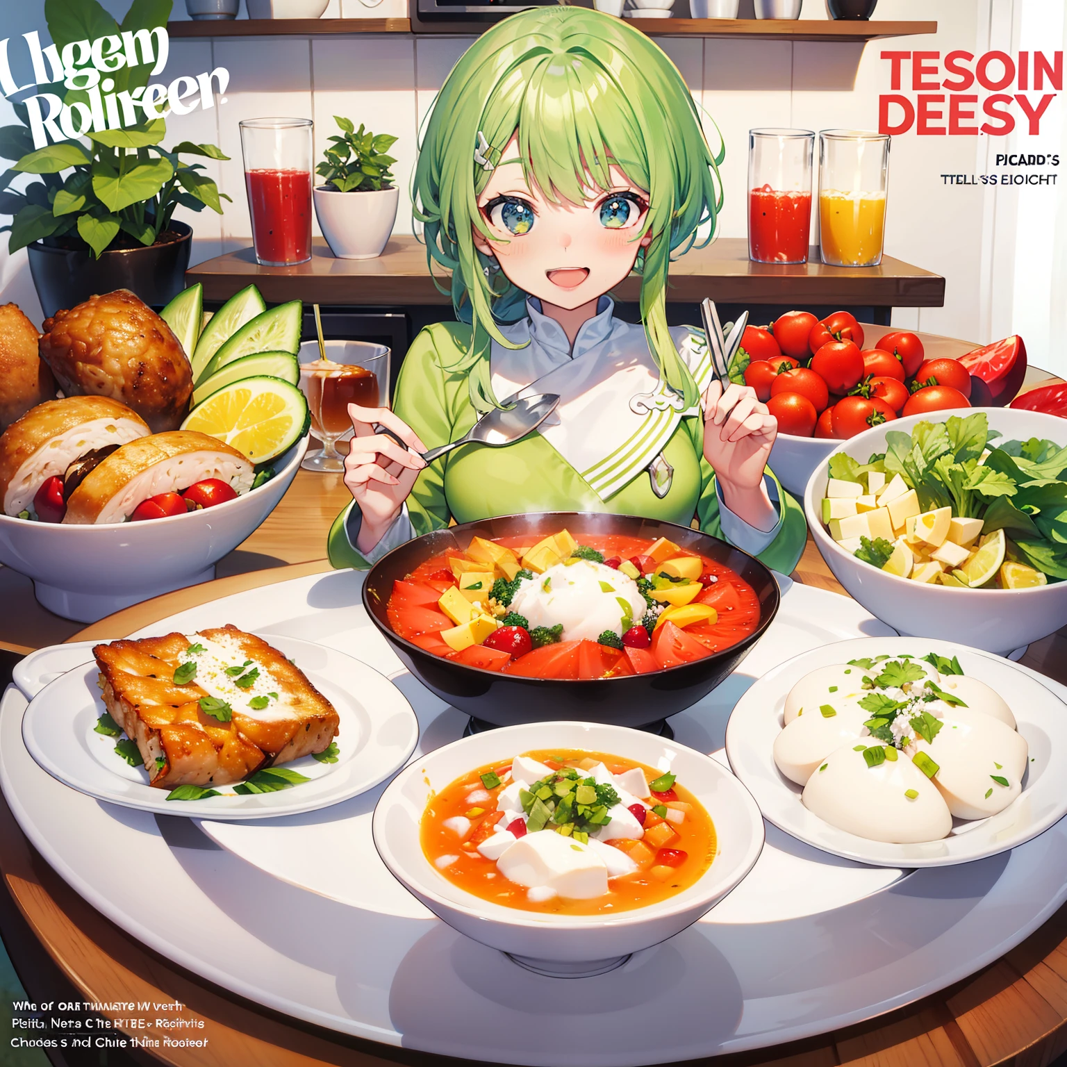 Title: "10 Delicious Recipes for a Slimmer You: Boost Your Weight Loss Journey!"
Subheadline: "Discover the Power of Healthy Eating with These Tasty and Effective Recipes!"
(magazine:1.3), (cover-style:1.3)
Image Description:
A cheerful and vibrant scene featuring a table loaded with ten different plates, each one representing a unique weight loss recipe. The recipes range from colorful salads, lean proteins with veggies, to zesty soups and fresh smoothie bowls. The background is bright and inspiring, with elements of nature, such as flowers and green leaves, adding