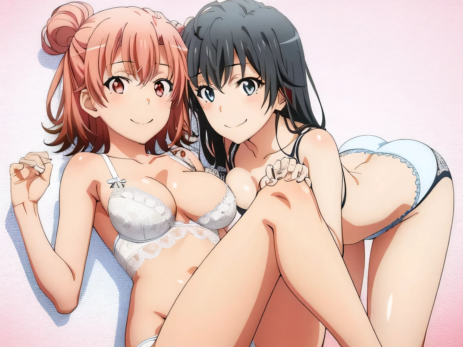 2 girls , Yukinoshita Yukino , Yuigahama Yui has beautiful breasts, share, and butt, waltz dance , In underwear,look forward,hold hands,whole body,pink silk panties,white silk panties,thighs,knees,calf,high angle,open your mouth,smile,beautiful eyes,Clear eye color,