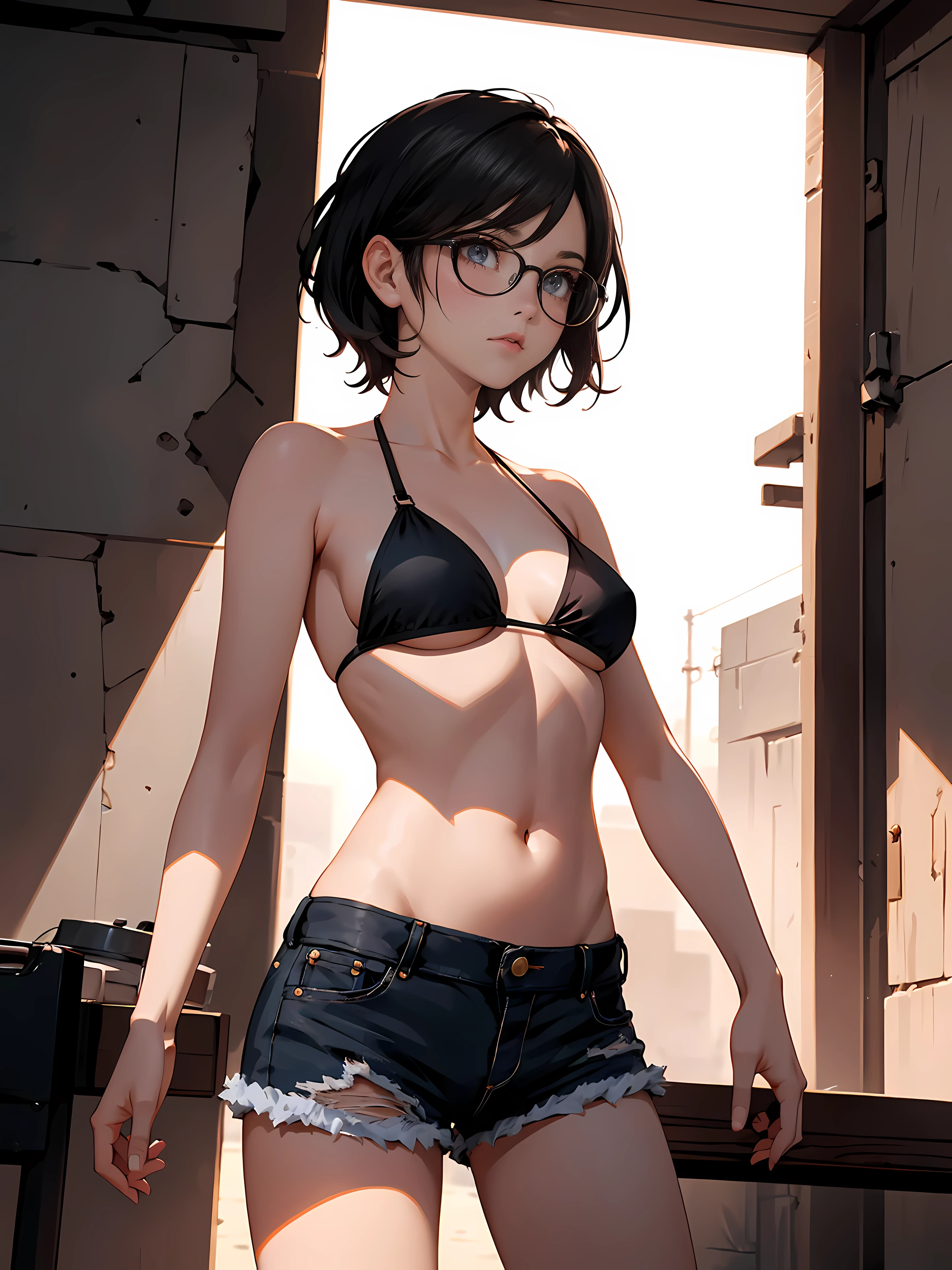 ((1girl)), one beautiful girl, detailed beautiful hair, detailed beautiful eyes, short black hair, glasses, black bikini top, jean shorts, standing, dramatic pose, cowboy shot, cinematic lighting, dramatic lighting,