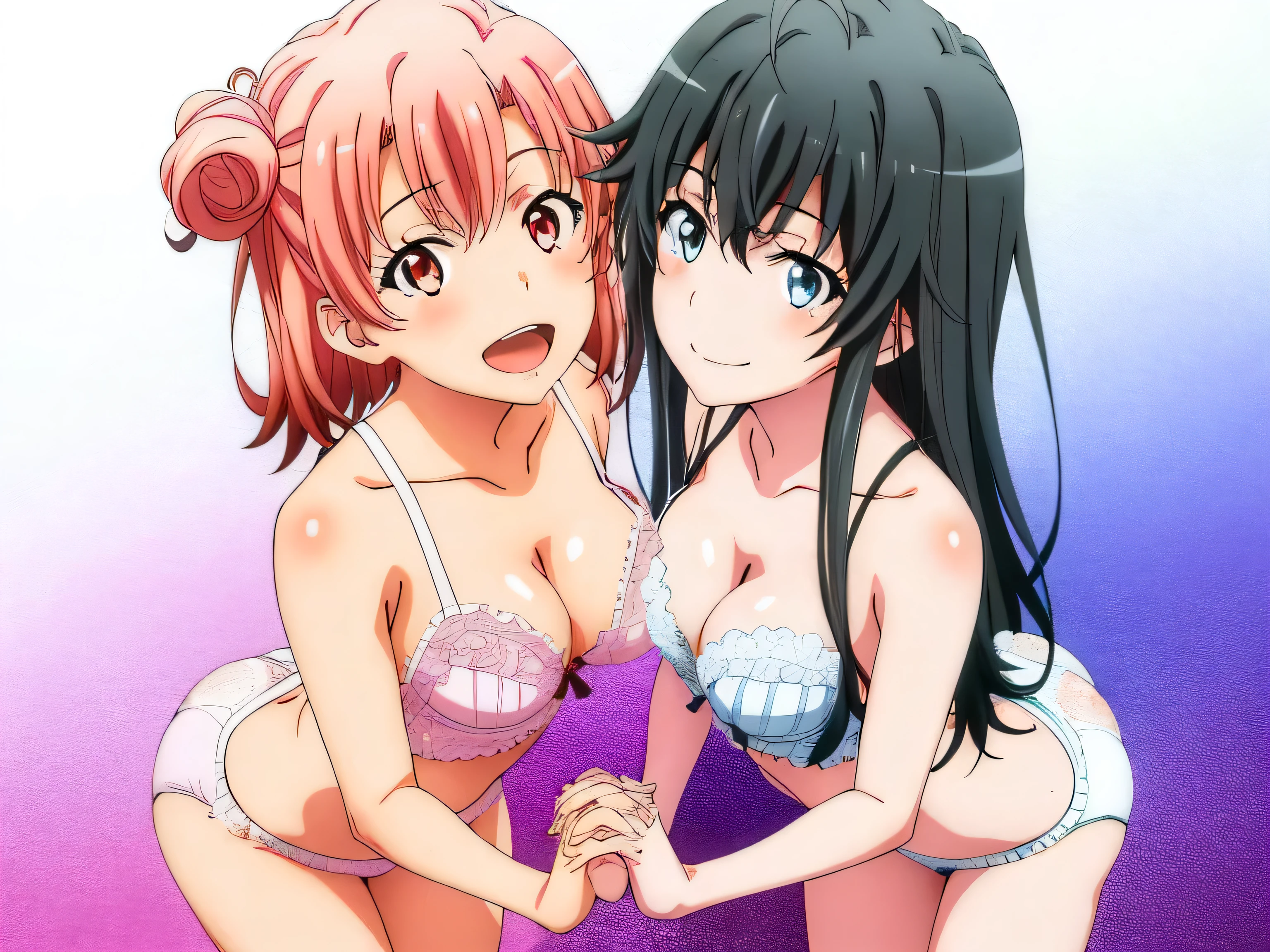 2 girls , Yukinoshita Yukino , Yuigahama Yui has beautiful breasts, share, and butt, waltz dance , In underwear,look forward,hold hands,whole body,pink silk panties,white silk panties,thighs,knees,calf,high angle,open your mouth,smile,beautiful eyes,Clear eye color,