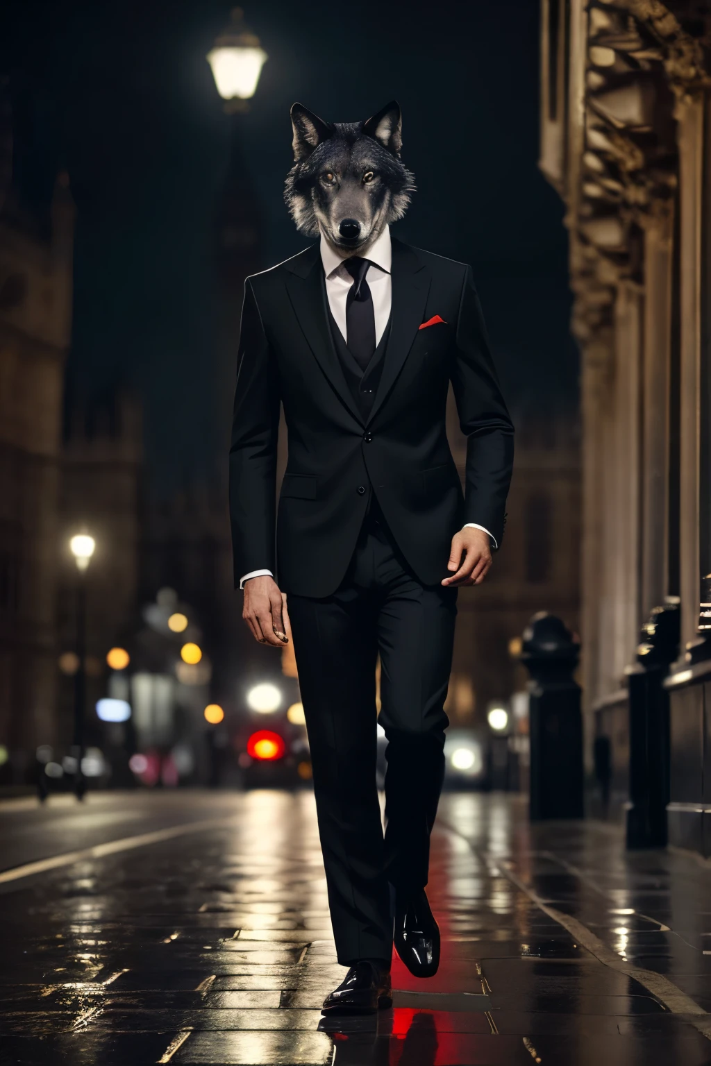 A photograph of a black wolf with fiery red eyes, wearing a black suit, strolling like a person in the vicinity of the Big Ben in London. This image is rendered in a hyper-realistic manner, capturing every intricate detail of the wolf's fur, which seems to shimmer in the dimly lit London streets. The wolf's piercing red eyes seem to glow, as if illuminated from within, adding an ethereal quality to the image. The wolf's suit, impeccably tailored, reflects the soft, wet London pavement, giving an almost surreal contrast to the scene. The overall effect is one of wonder and fascination, as if we are witness