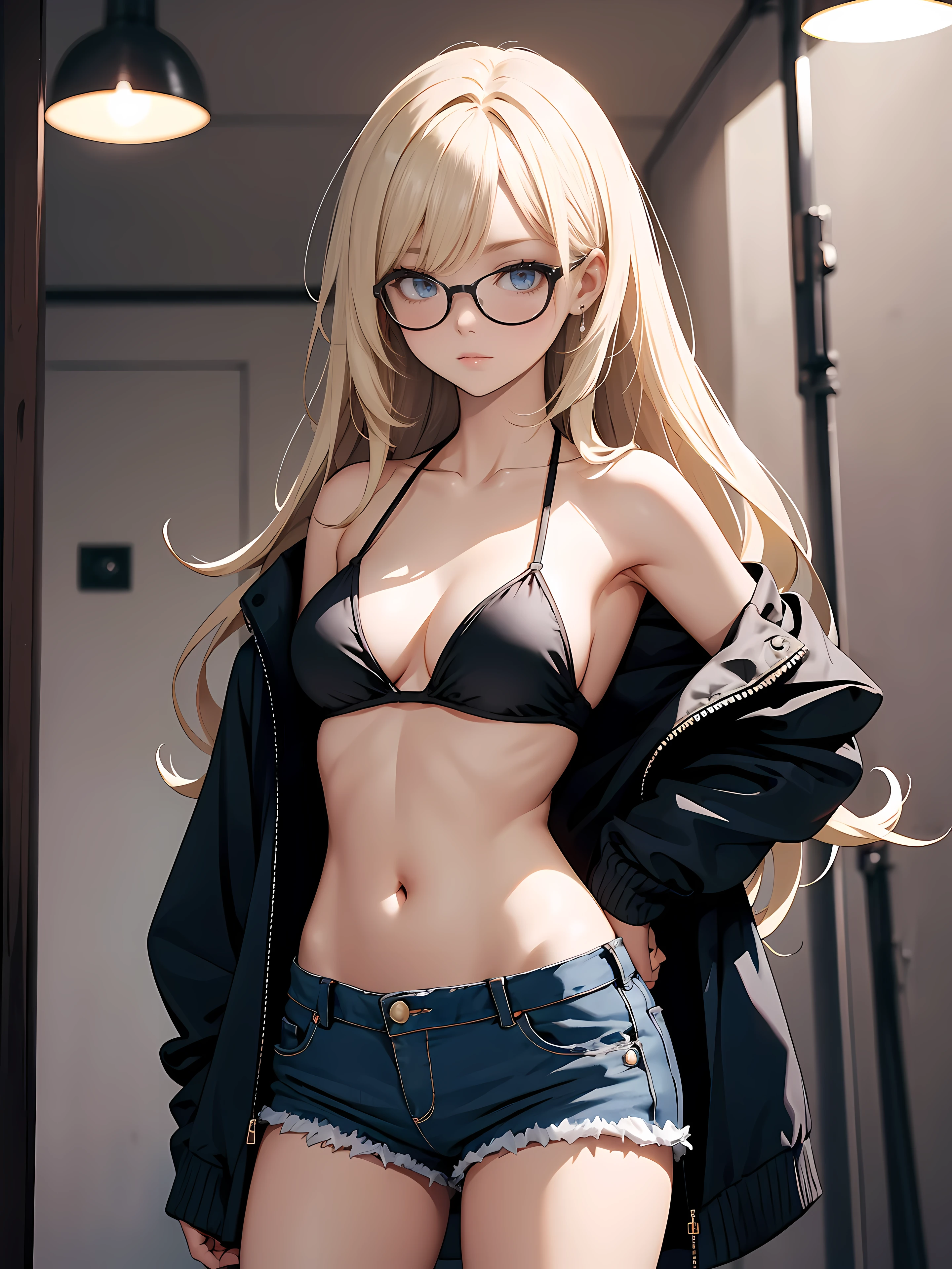 ((1girl)), one beautiful girl, detailed beautiful hair, detailed beautiful eyes, long blonde hair, glasses, black bikini top, jean shorts, standing, dramatic pose, cowboy shot, cinematic lighting, dramatic lighting,