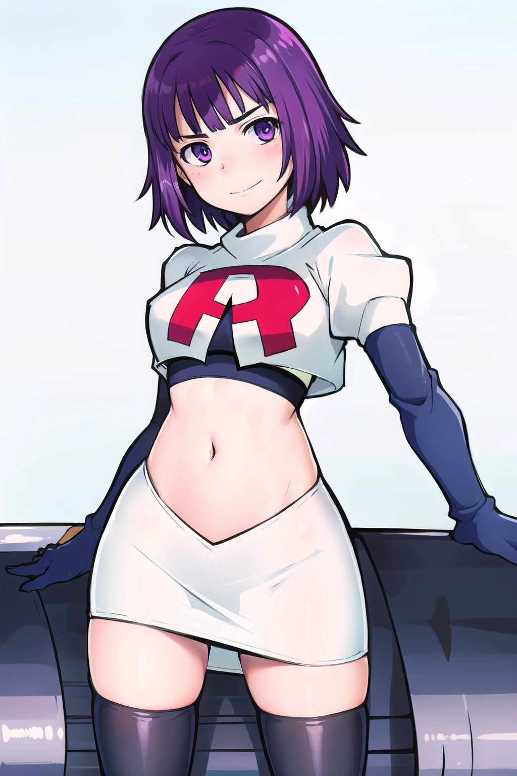 1girl, solo, beautiful face, finely detailed face, beautiful eyes, purple hair, team rocket,team rocket uniform, red letter R, white skirt,white crop top,black thigh-highs,black elbow gloves