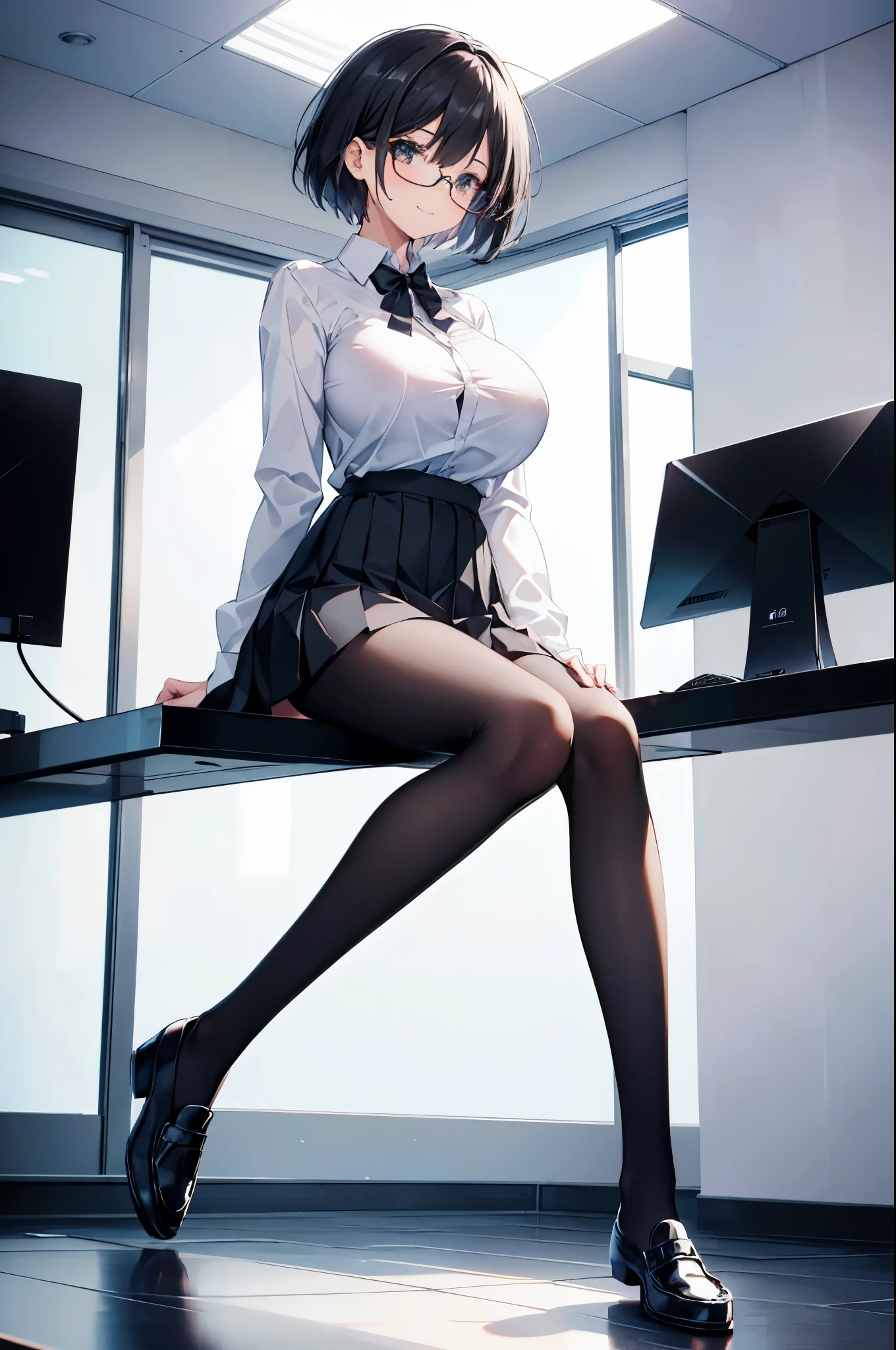 1 girl, glasses, (full body:1.2), sitting, (angle from below:1.1), (angle from the side:1.1), smile, (slim body:1.2), (huge breasts:1.4), (slender and long legs:1.1), black hair, short hair, white long sleeve shirt, pleated skirt, (black tights:1.1), black loafers,