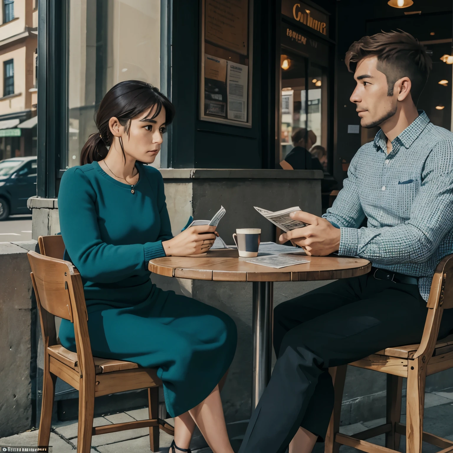 a man was sitting at a cafe table, reading the newspaper with a serious face, then suddenly a woman came and sat next to the man