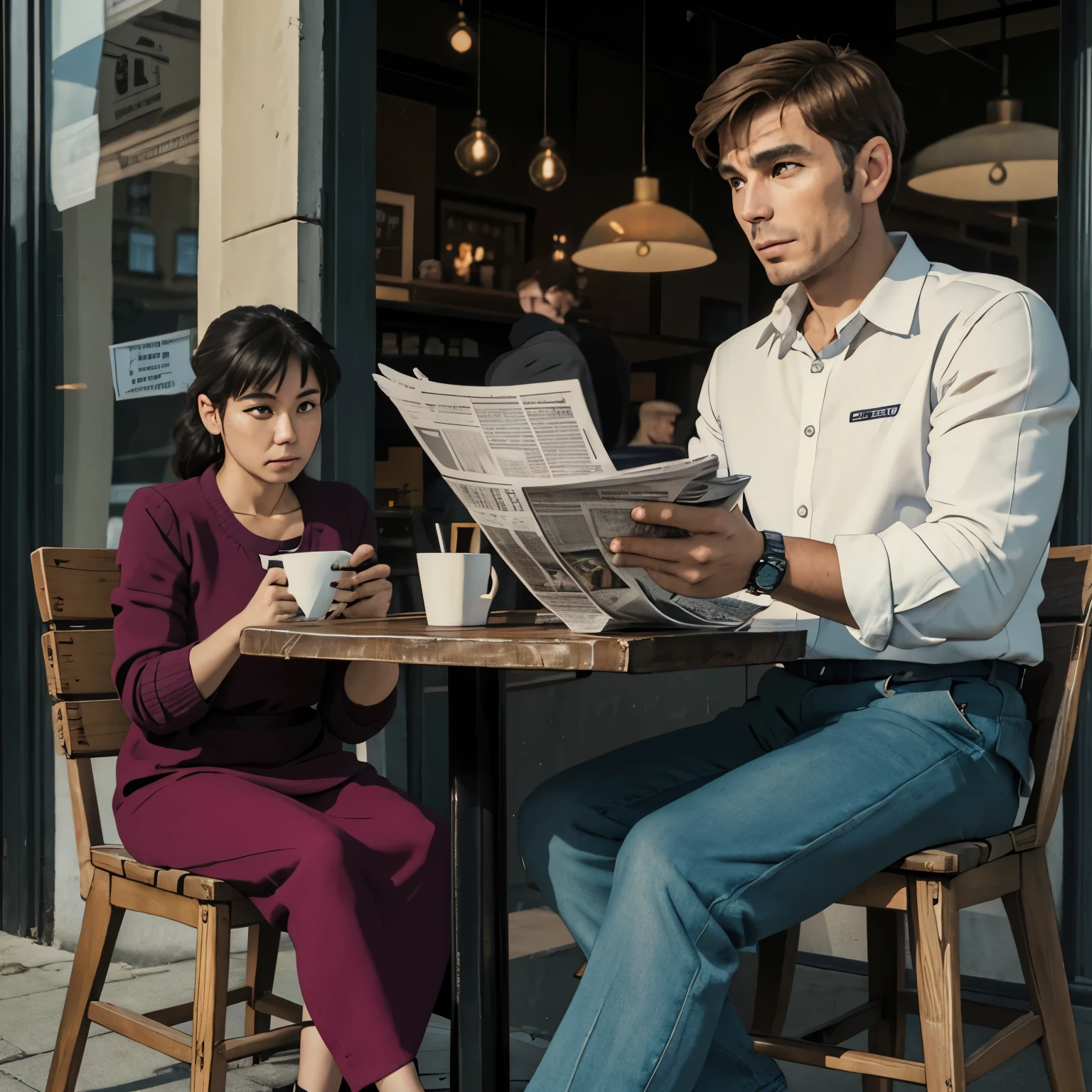 a man was sitting at a cafe table, reading the newspaper with a serious face, then suddenly a woman came and sat next to the man