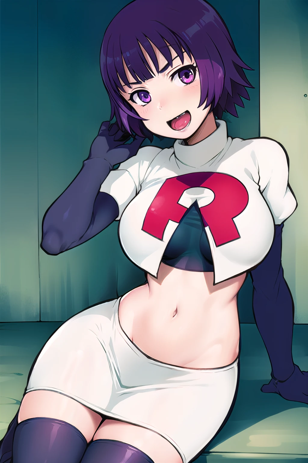 1girl, solo, beautiful face, finely detailed face, beautiful eyes, purple hair, team rocket,team rocket uniform, red letter R, white skirt,white crop top,black thigh-highs,black elbow gloves