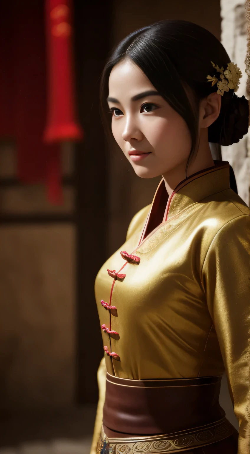 A high quality, octane rendered image of a charming sole figure, Feiyufu, in an epic, cinematic scene set in ancient China. The ultra HD detail shows her cute face with a small button nose, curved eyebrows, and a smile that lights up the room. The depth of field effect creates a sense of mystery and intrigue, with a blurred background of ancient architecture and lush foliage. The lighting is cinematic, casting shadows and highlighting every detail of her features. With a detailed outfit adorned with intricate patterns, and a peaceful expression, this image is a true masterpiece.