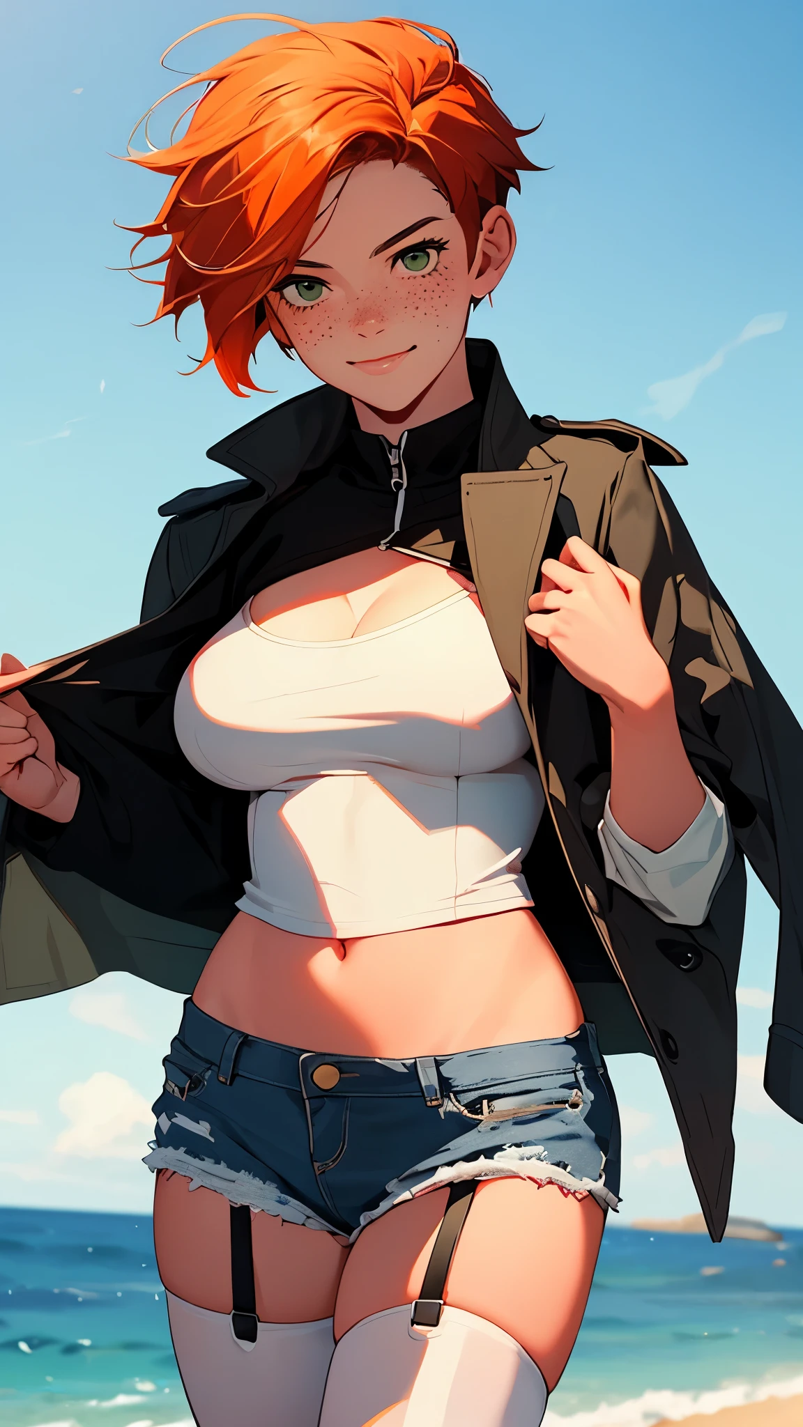 gwen tennyson,tracer,rebecca chambers, mordred,pirate outfit,beach,ager, green eyes,garter belt,striped panties, short hair,orange hair,pirate ship,shy smile,ginger,white striped top,denim micro shorts,freckles,redhead,beautiful girl,stockings,large breasts,ultra detailed,realistic,long pirate jacket,