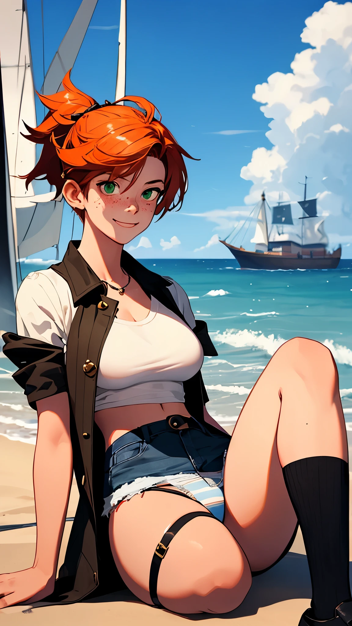 gwen tennyson,tracer,rebecca chambers, mordred,pirate outfit,beach,ager, green eyes,garter belt,striped panties, short hair,orange hair,pirate ship,shy smile,ginger,white striped top,denim micro shorts,freckles,redhead,beautiful girl,stockings,large breasts,ultra detailed,realistic,long pirate jacket,