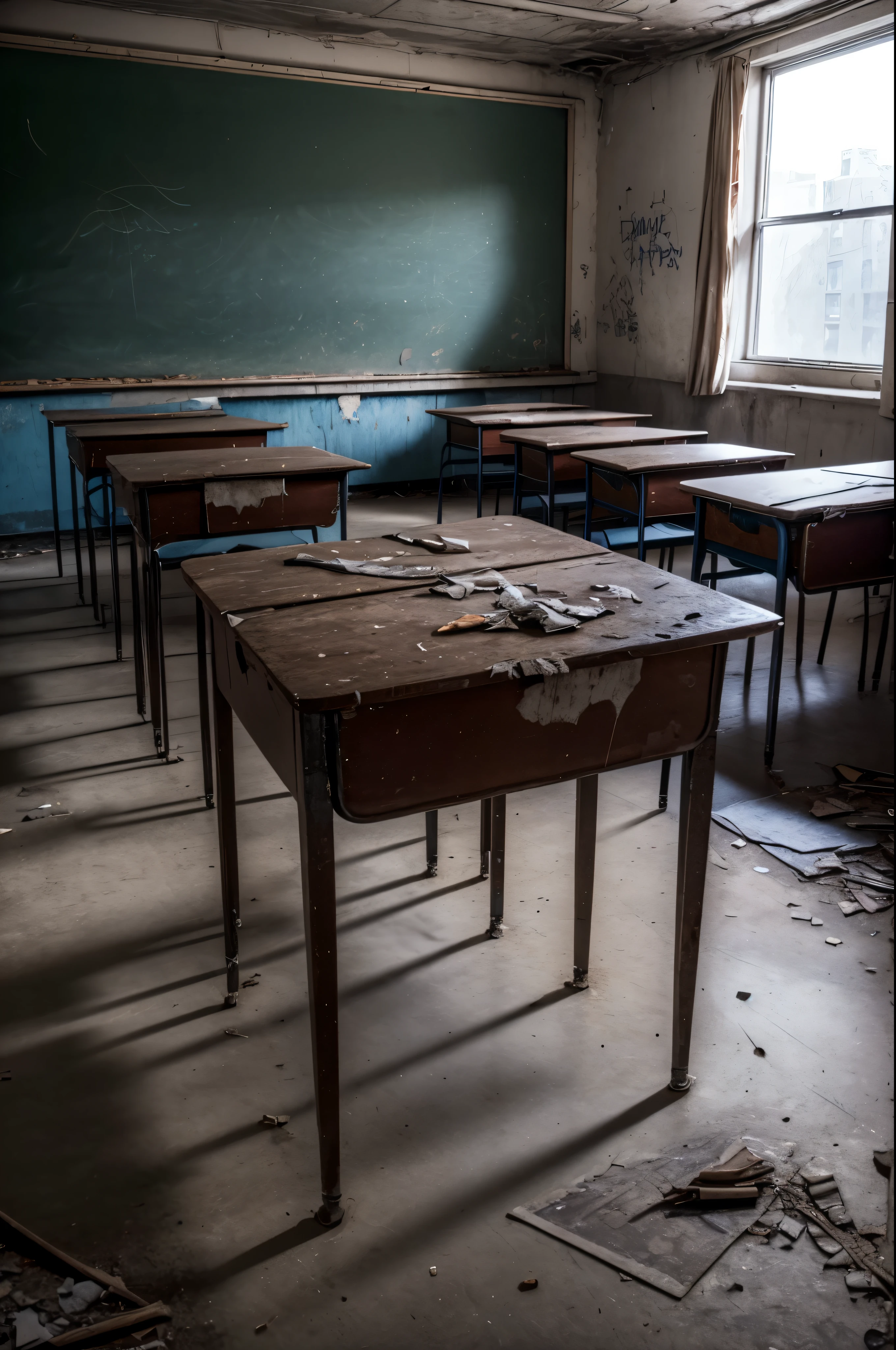 (1girl), solo, Amazing face and eyes, serious face, (School uniform, pleated skirt,:1.3), (best Quality:1.4), extremely detailed CG unified 8k wallpaper, Highly detailed, High-definition raw color photos, professional photograpy, Realistic portrait, (ruined school, Abandoned school, ruined classroom, broken desk, broken chair, creepy classroom, Dilapidated classrooms, graffiti:1.3), (dark classroom:1.4), scene from a horror movie,