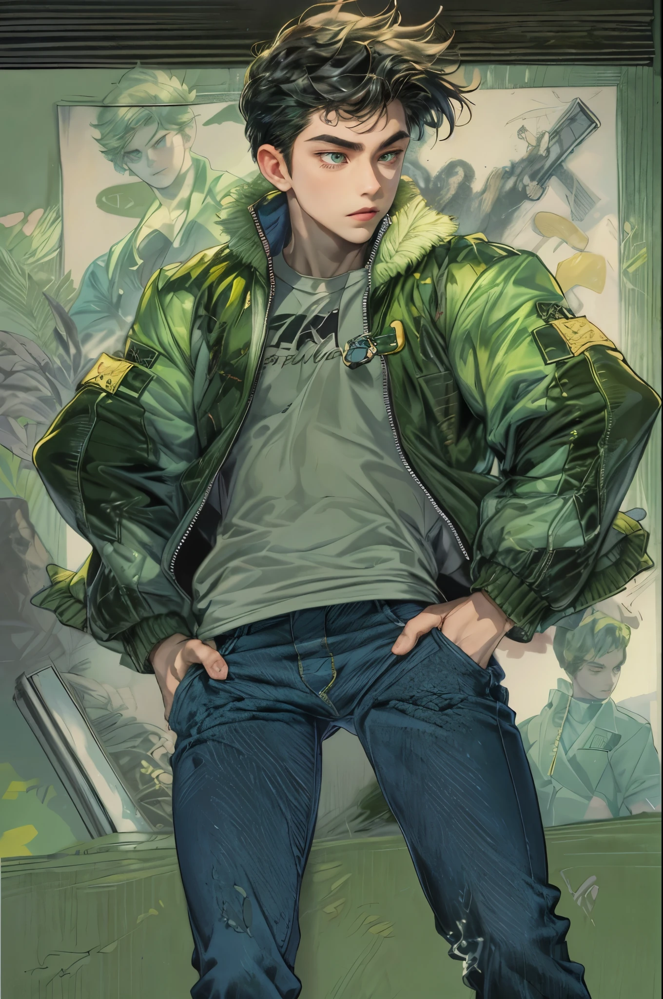 masterpiece, best quality, ultra-detailed, illustration, 1boy, solo, male focus, looking at viewer, upper body, depth of field, ben 10, ben tennison, green jacket, black undershirt, blue pants jeans