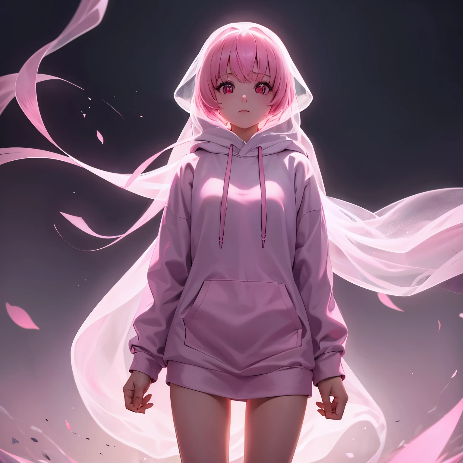 Translucent Female Ghost with no legs and completely tinted pink wearing a hoodie 