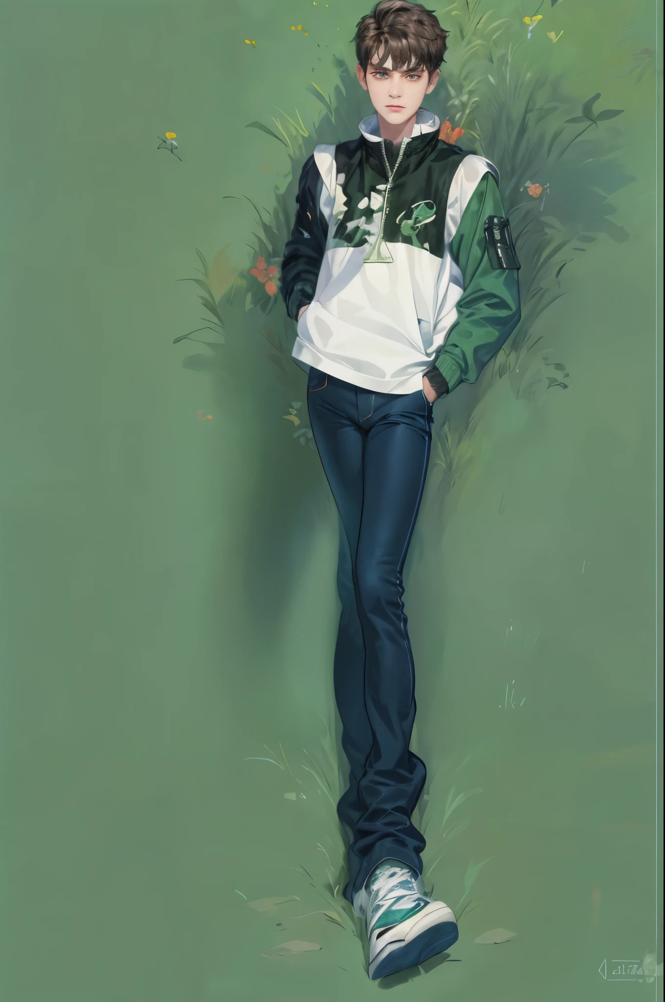 masterpiece, best quality, ultra-detailed, illustration, 1boy, solo, male focus, looking at viewer, upper body, depth of field, ben 10, ben tennison, green jacket, black undershirt, blue pants jeans