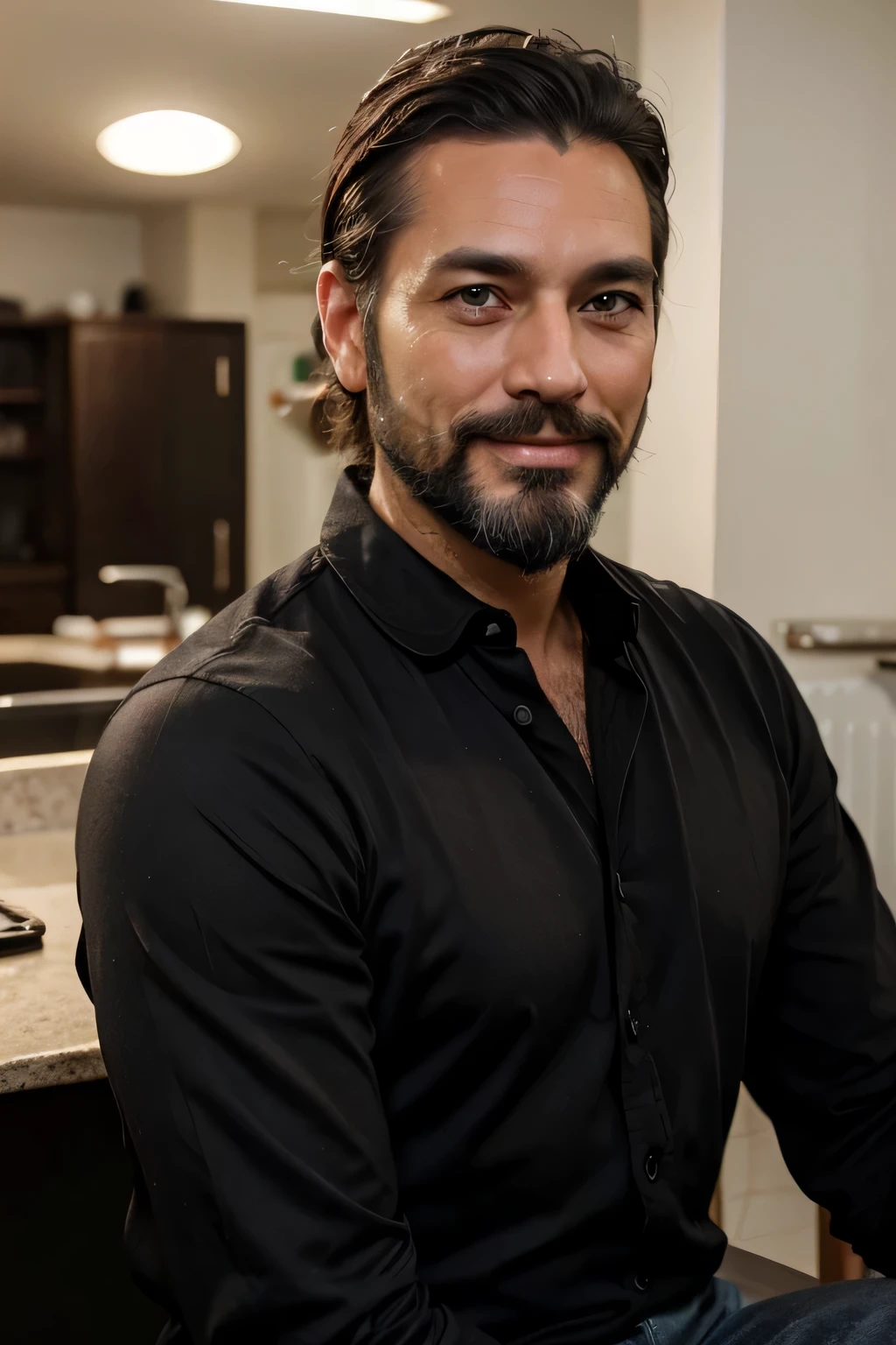 Create a very attractive 50-year-old man with a beard and light eyes, cabello negro, sonrisa agradable.