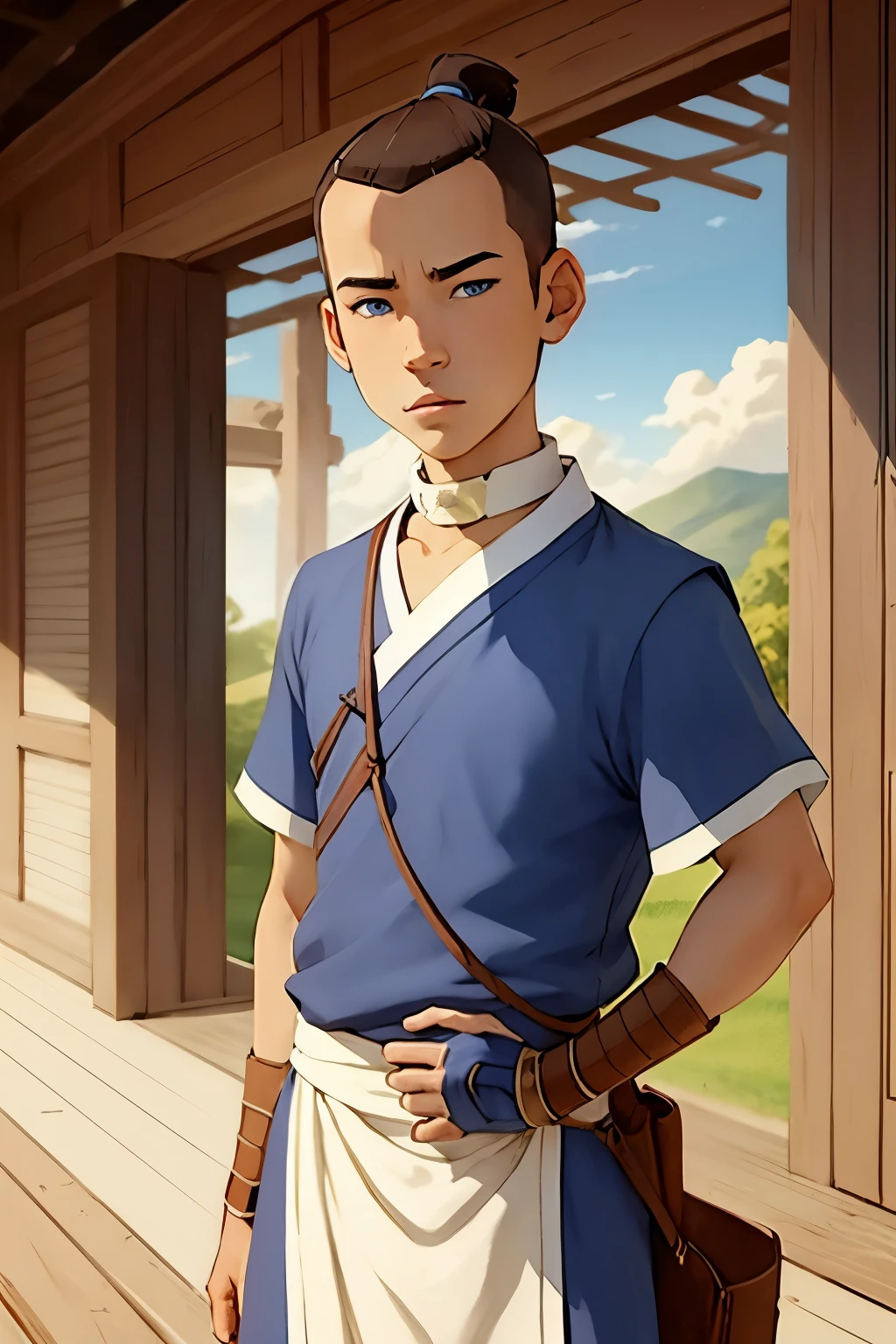 masterpiece, best quality, sketch, 1boy, solo, male focus, looking at viewer, , , , , sokka_avatar, brown hair, blue eyes, short hair, , , ,