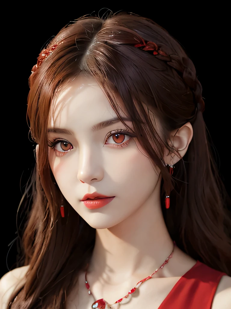 (in the dark:1.6), Surrealist female portraits by David Hockney and Alphonse Mucha,fantasy art, 4k, Award history,, 1 girl, in the dark, deep shadow, secret key,cowboy shot,(formal wear:1.4) ,long wavy hair,redhead,clavicle、flame background、redhead、red background、red spirit clothes、earrings、necklace、red tattoo、red eyes、she is a spirit、close up of face、red eyes、bright red eyes、Red Contacts、close up of face、red eyes、look up、red fairy costume、bright red eyes、red headband、red eyes、Braid、bright red lipstick、