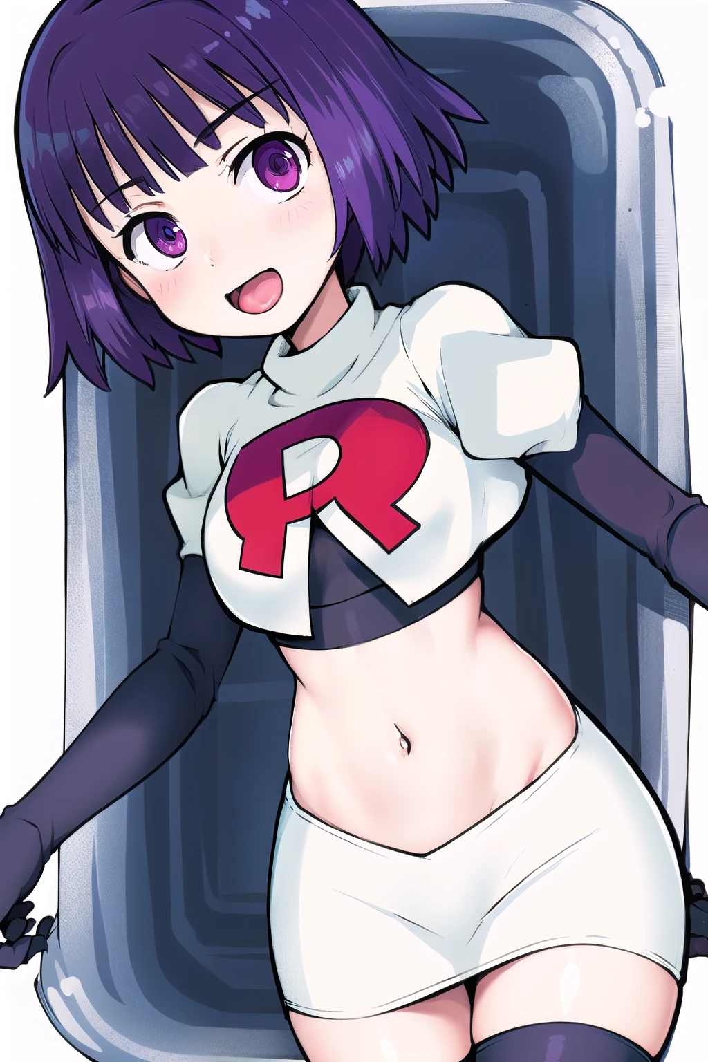 1girl, solo, beautiful face, finely detailed face, beautiful eyes, purple hair, team rocket,team rocket uniform, red letter R, white skirt,white crop top,black thigh-highs,black elbow gloves