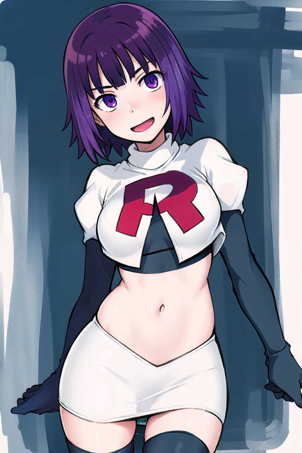 1girl, solo, beautiful face, finely detailed face, beautiful eyes, purple hair, team rocket,team rocket uniform, red letter R, white skirt,white crop top,black thigh-highs,black elbow gloves