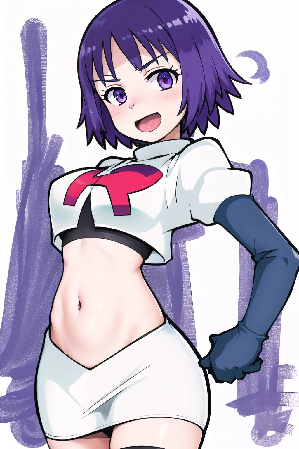 1girl, solo, beautiful face, finely detailed face, beautiful eyes, purple hair, team rocket,team rocket uniform, red letter R, white skirt,white crop top,black thigh-highs,black elbow gloves