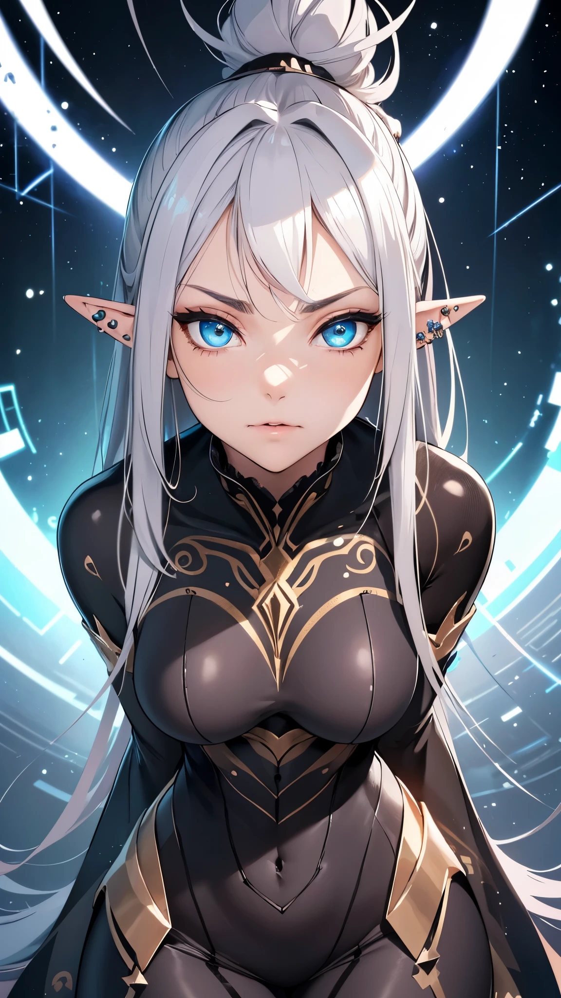 (best quality,ultra-detailed,highres:1.2),non-human portrait,elf,humanoid girl,beautiful detailed eyes,piercing gaze,high-fidelity facial features,elongated face,smooth skin,breathtaking beauty,long legs,voluptuous figure,sexy pose,ashen-colored ponytail hairstyle,space backdrop