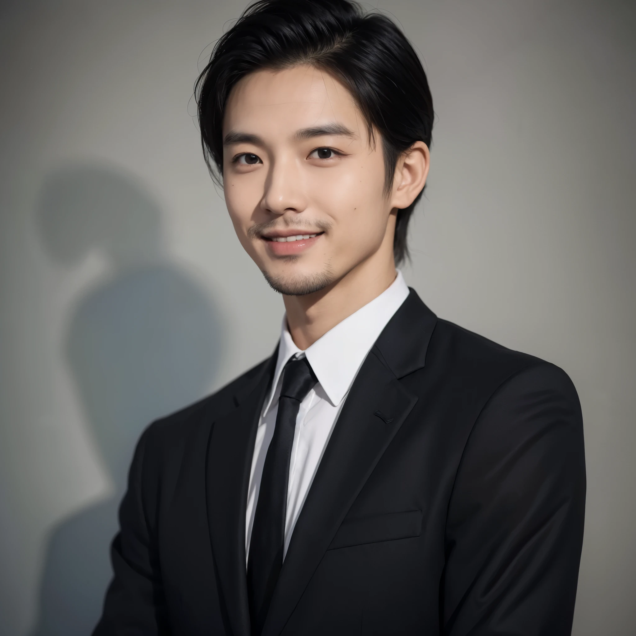 Vietnamese man, 30 years old、TV presenter. ((最High quality、Masterpiece、Realistic photos:1.4、in 8K))、A well-groomed face、Eye and face details、beautiful light、(wearing a black suit:1.3)、Rough skin、Superb details、Highly detailed、High quality、high resolution、（looking at the audience）、Fine mouth、smile.concrete wall background