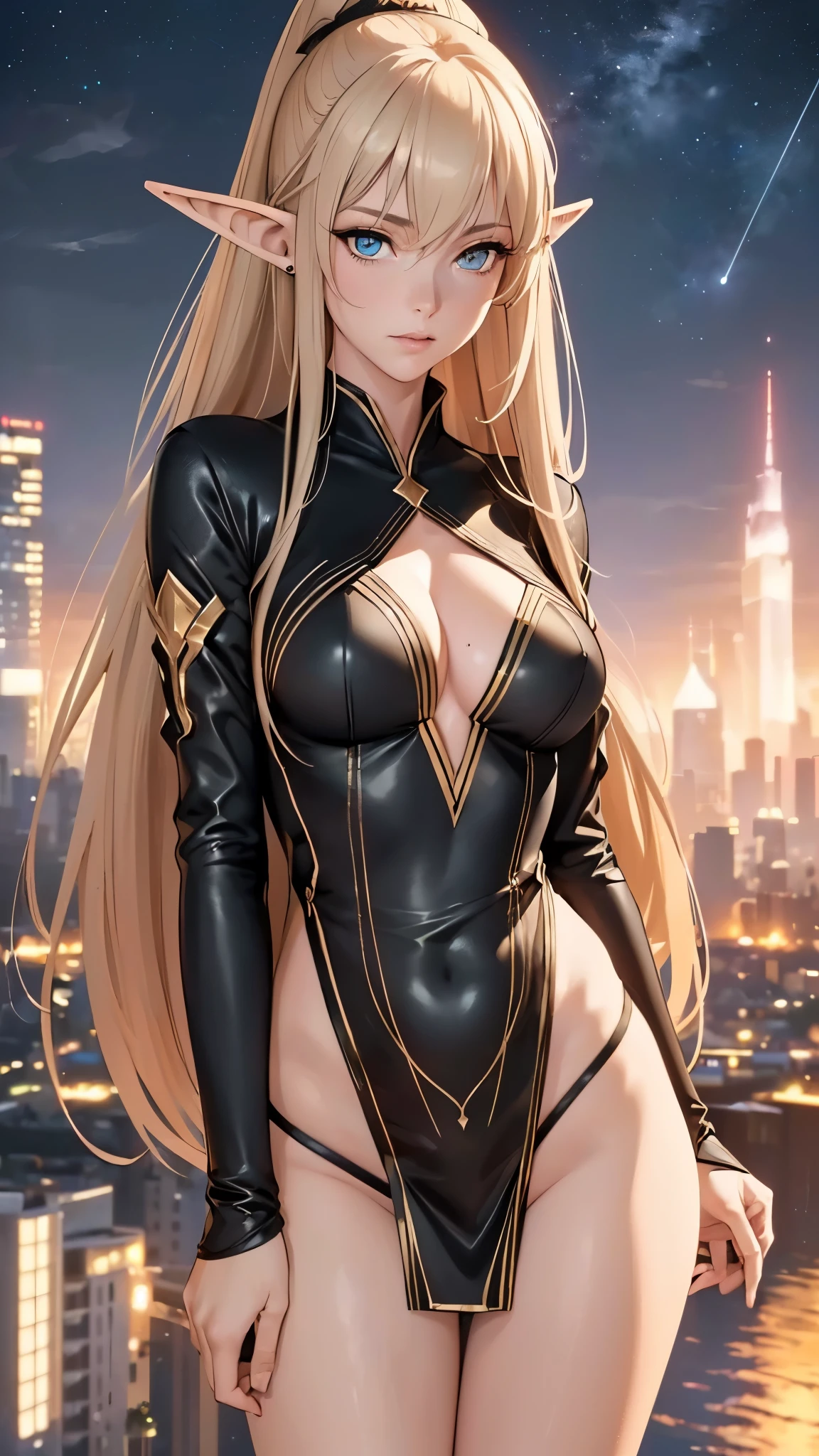 (best quality,4k,8k,highres,masterpiece:1.2),ultra-detailed,(realistic,photorealistic,photo-realistic:1.37),unbelievably beautiful girl (half-elf), model figure, long legs, elongated face (highly detailed eyes), ash-colored ponytail hairstyle, seductive pose, set against the backdrop of space