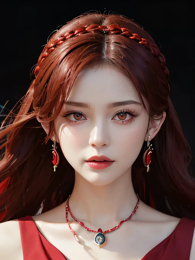 (in the dark:1.6), Surrealist female portraits by David Hockney and Alphonse Mucha,fantasy art, 4k, Award history,, 1 girl, in the dark, deep shadow, secret key,cowboy shot,(formal wear:1.4) ,long wavy hair,redhead,clavicle、flame background、redhead、red background、red spirit clothes、earrings、necklace、red tattoo、red eyes、she is a spirit、close up of face、red eyes、bright red eyes、Red Contacts、close up of face、red eyes、look up、red fairy costume、bright red eyes、red headband、red eyes、Braid、bright red lipstick、