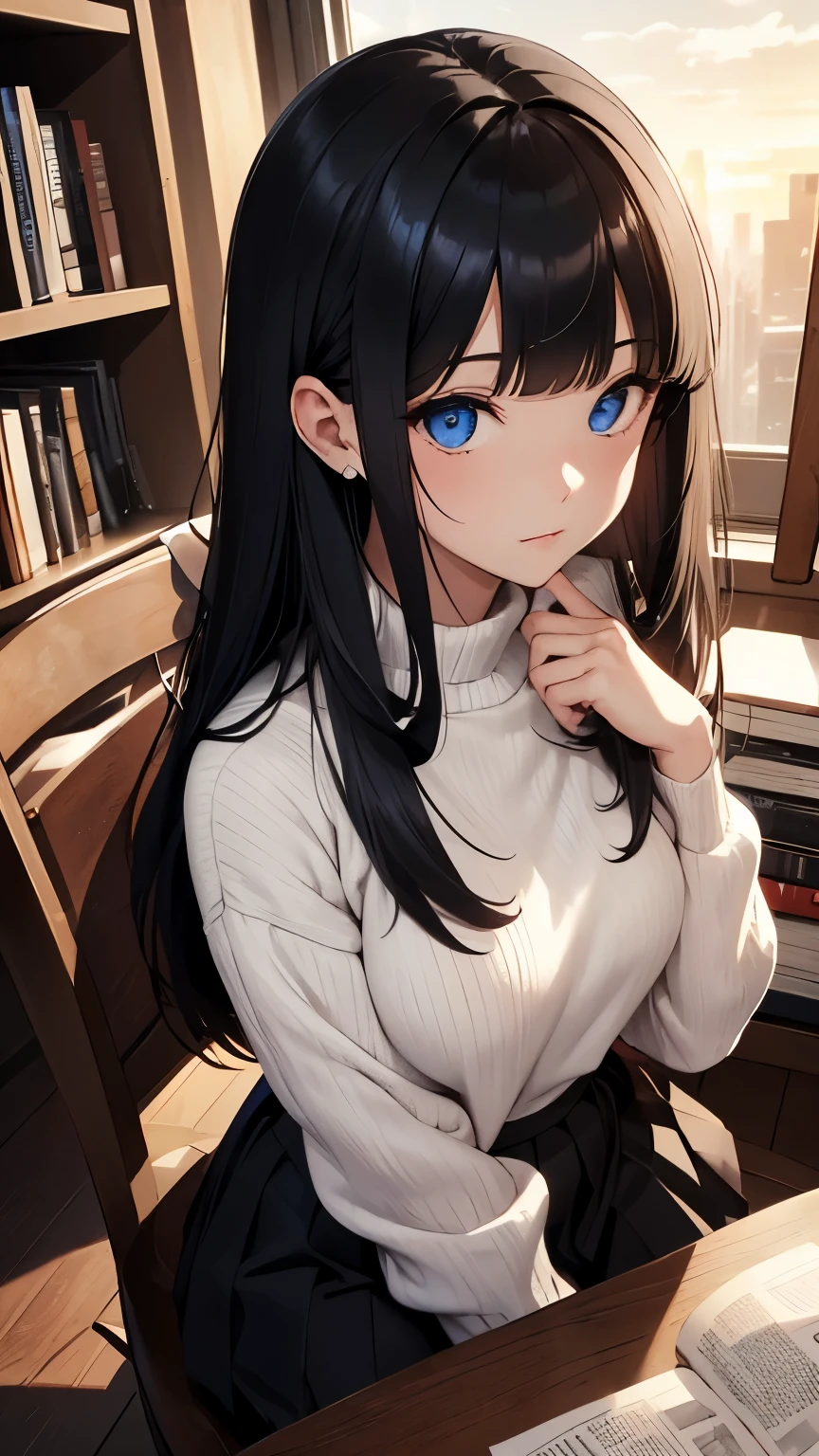 CG, unity, 8k, wallpaper, highest quality, masterpiece, A woman with a gentle impression, (soft smile: 1.5), (long black hair, trimmed bangs, Hairstyle called Hime cut: 1.5), BREAK, white skin, BREAK, deep blue eyes, BREAK, white sweater, BREAK, black long skirt, BREAK, best lighting, complex pupils, complex textile, detailed background, at a used bookstore, There are many books stacked around her, scattered books, (((evening, Nostalgic and ephemeral atmosphere, dyed in the sunset))), high angle, sit in a chair and look up at the viewer, view from above